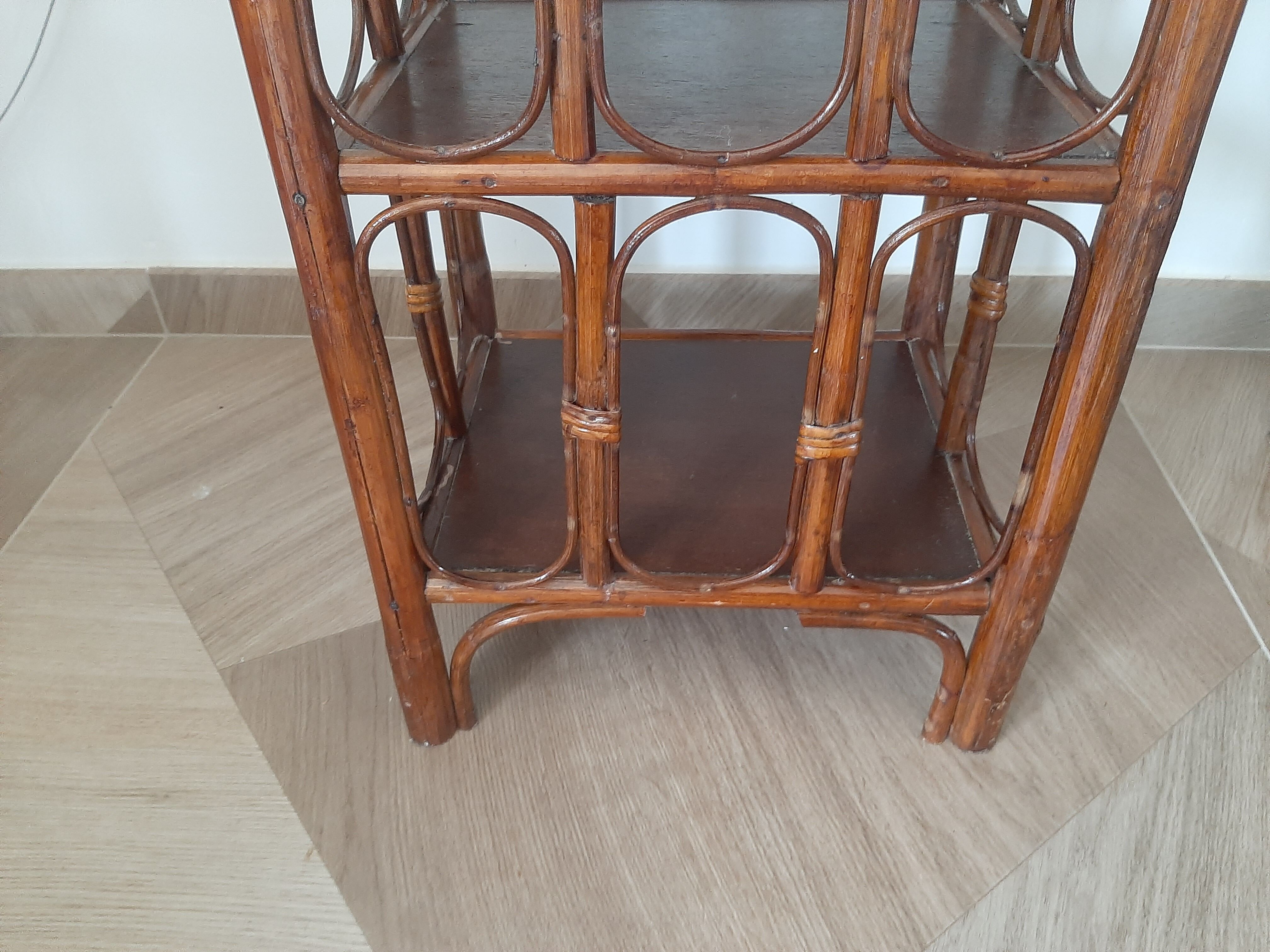 Vintage - set of 2 shelves of wooden floor, bamboo and rattan - 3 levels- retro 80s