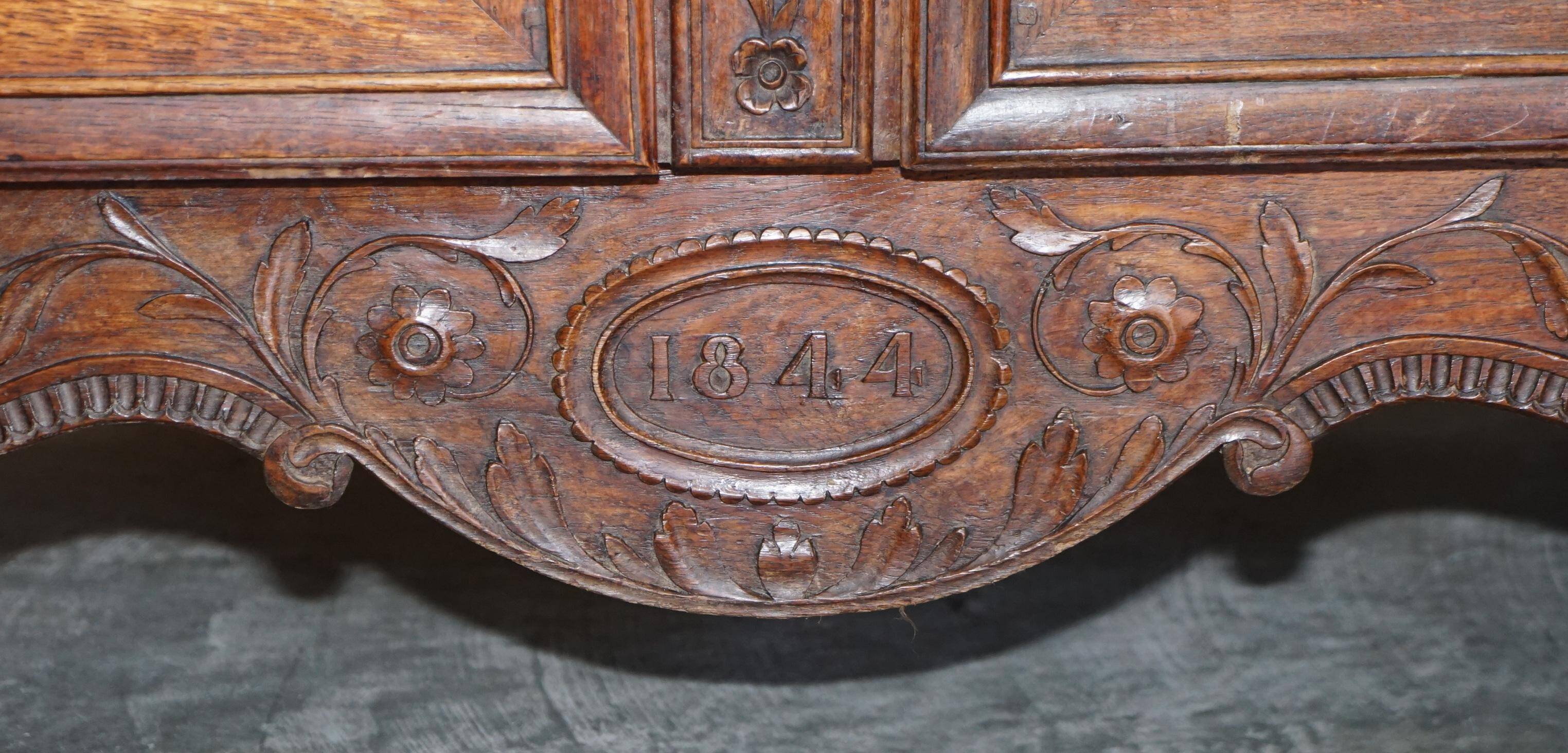 Antique Carved Wardrobe Dated 1844 with Shaped Panels