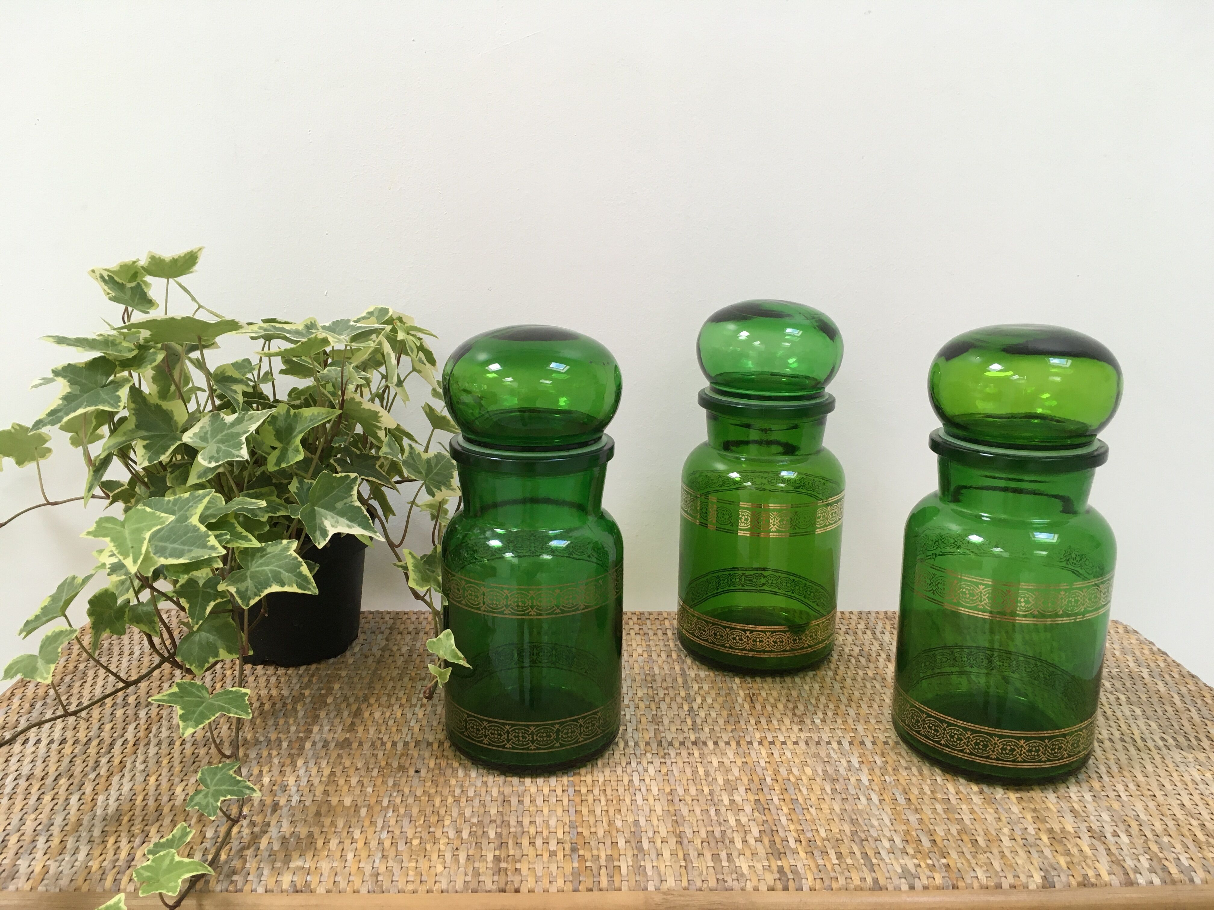 Trio of vintage apothecary style pots