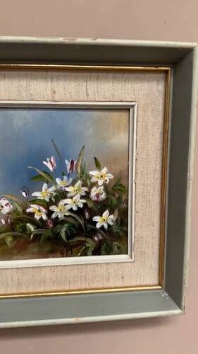 Mid-Century Oil on Panel “Flowers” by G. Sigrand, Vintage & Framed 24 × 24 cm