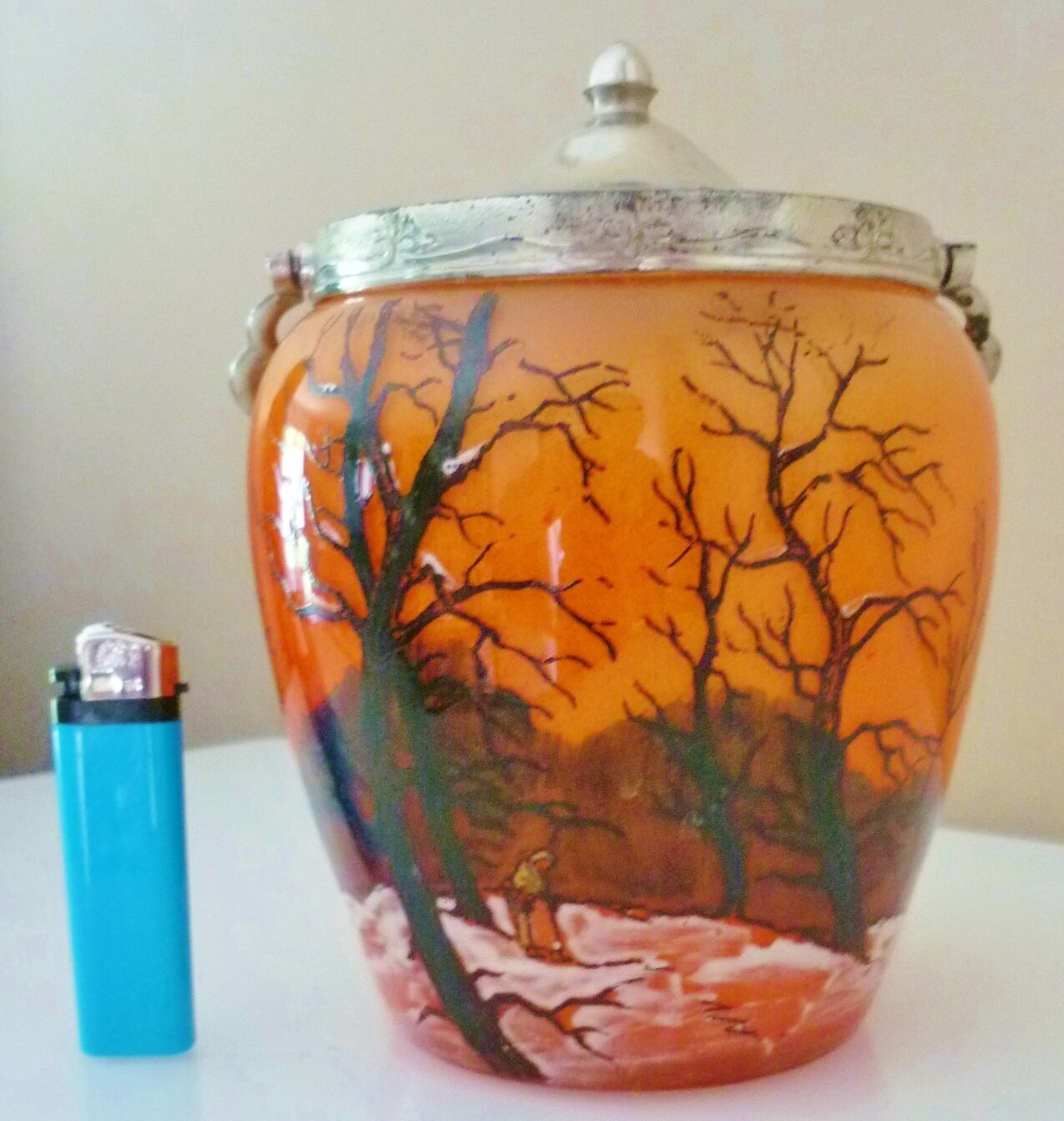Seau, pot à biscuits ancien, verre soufflé, émaillé, ateliers Legras, art nouveau