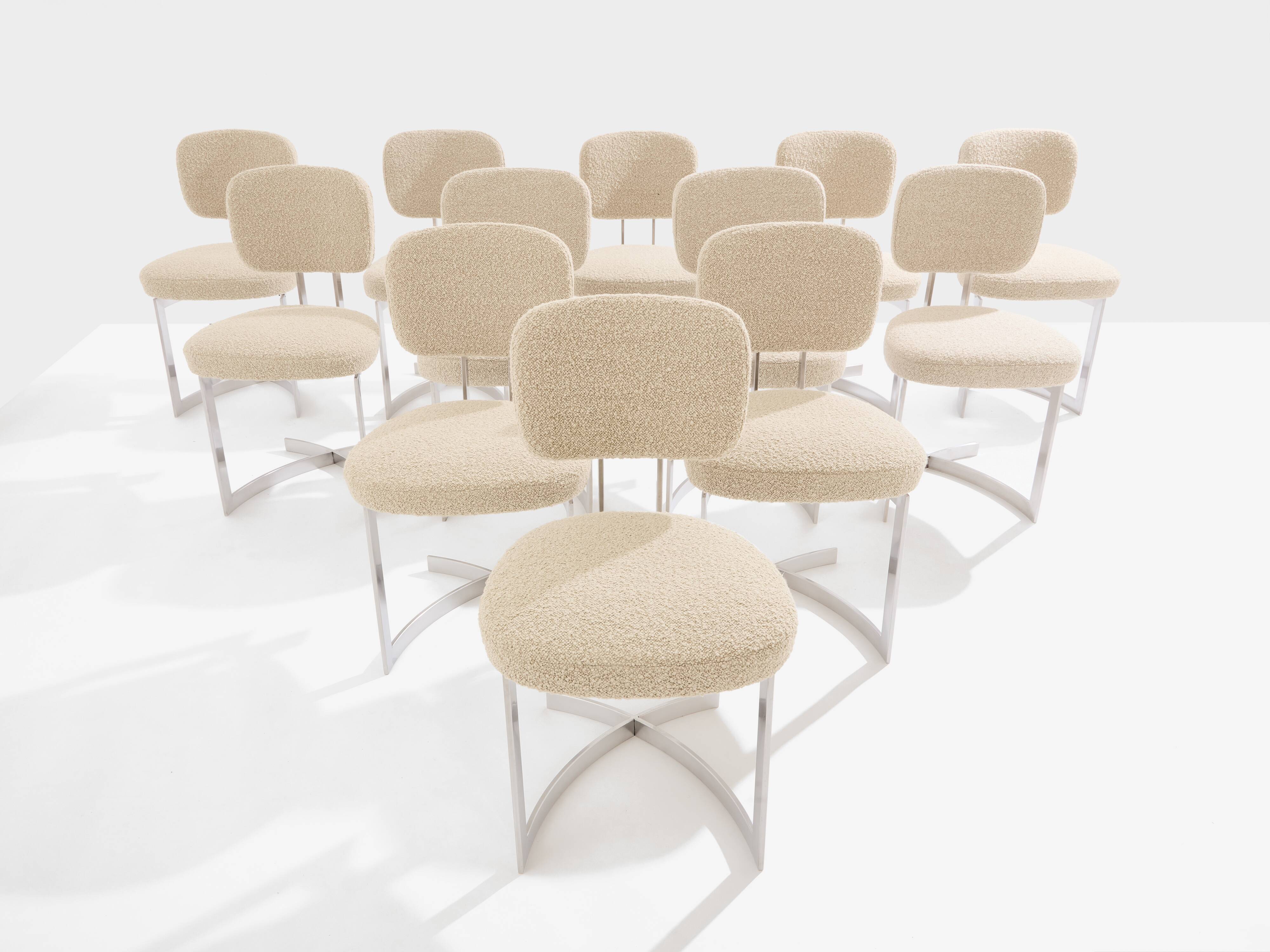 Paul Legeard set of 12 stainless steel and curly wool chairs 1970