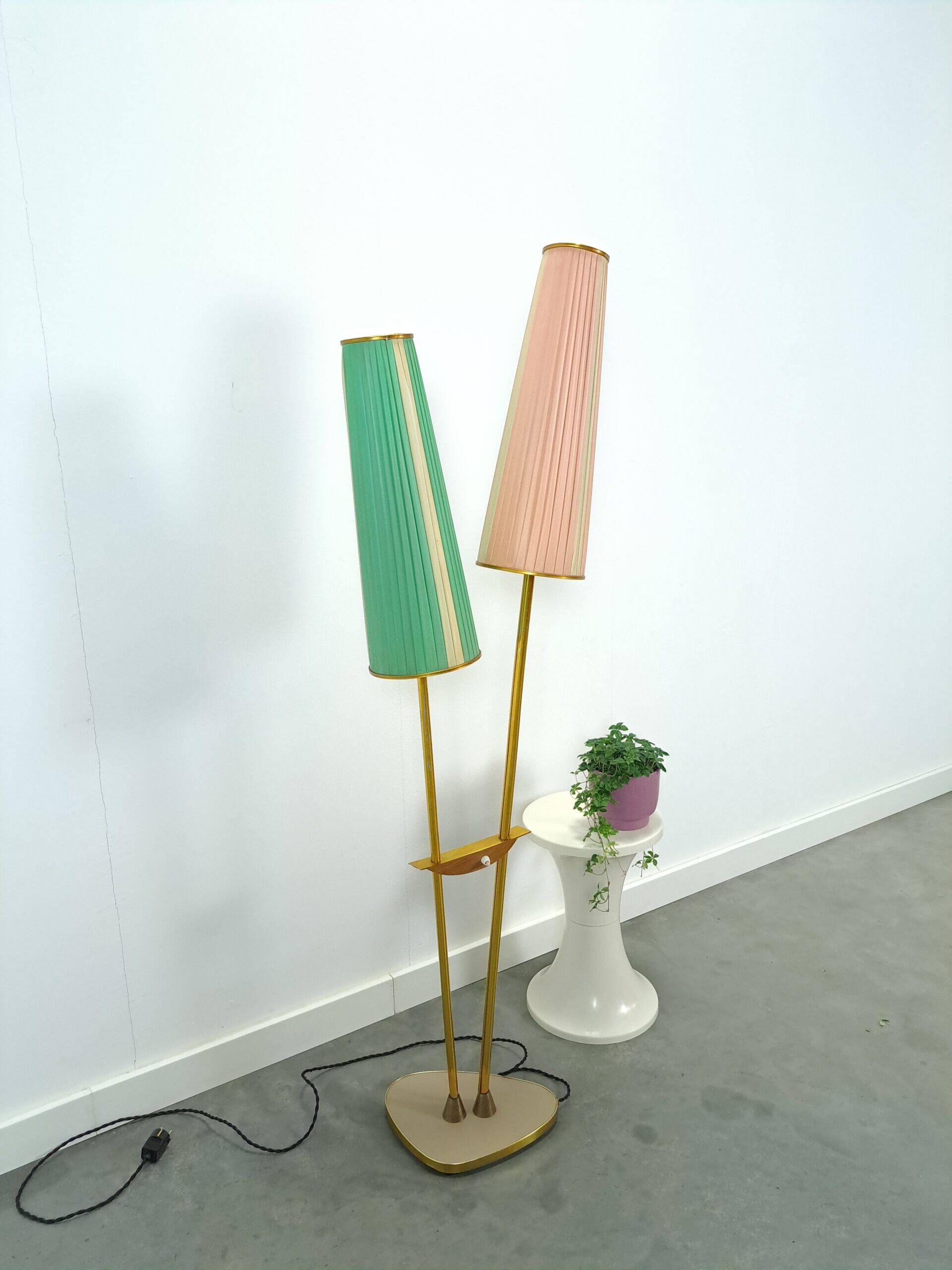1950s floor lamp with pink and green shade and gold-coloured legs
