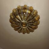 70s round ceiling light in pressed molded glass