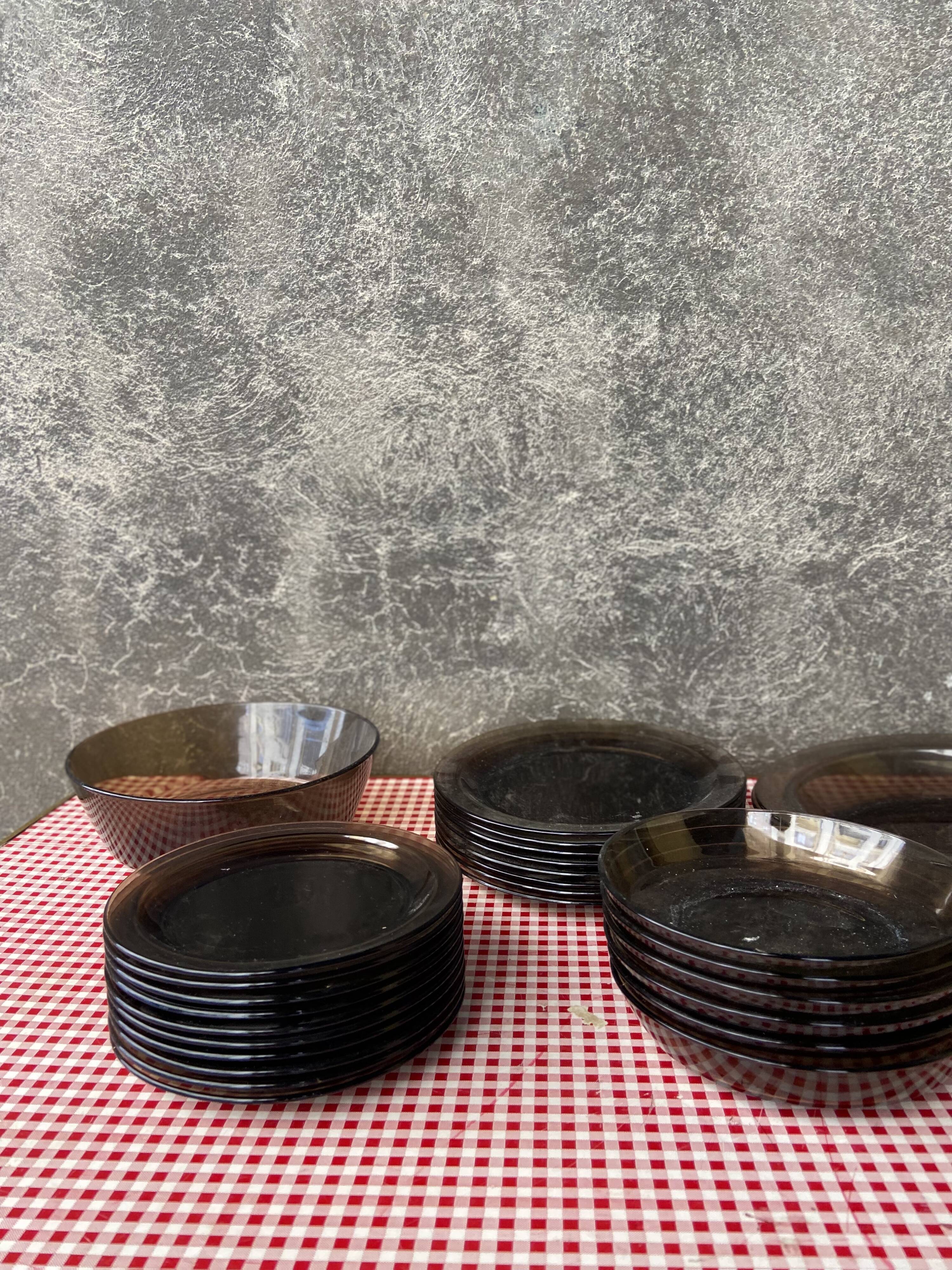 Set of smoked glass tableware 70s