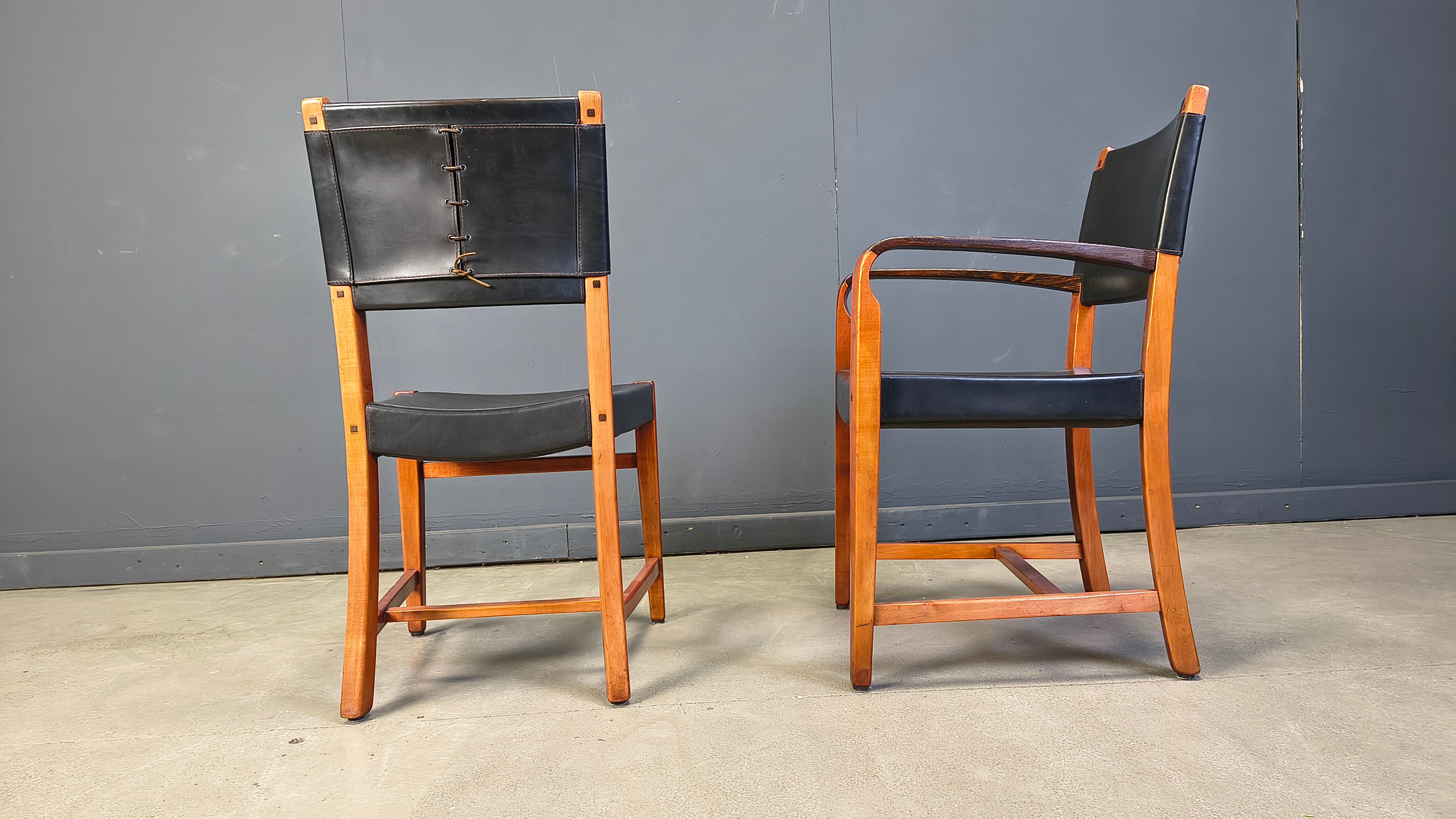Vintage Spanish leather and wood dining chairs, set of 6 - 1970s