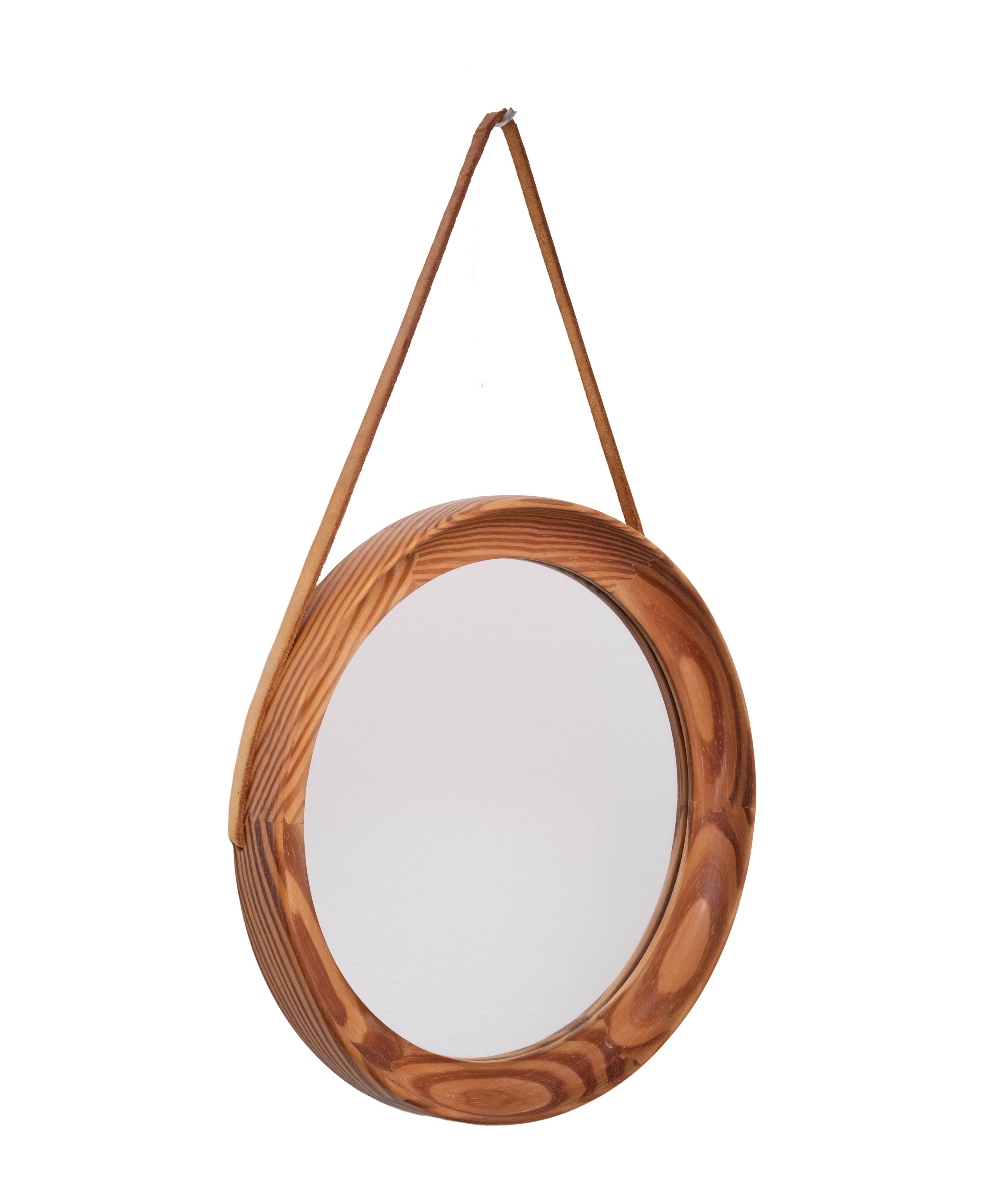Uno & Östen Kristiansson Solid Pine round Wall Mirror Sweden 1960s