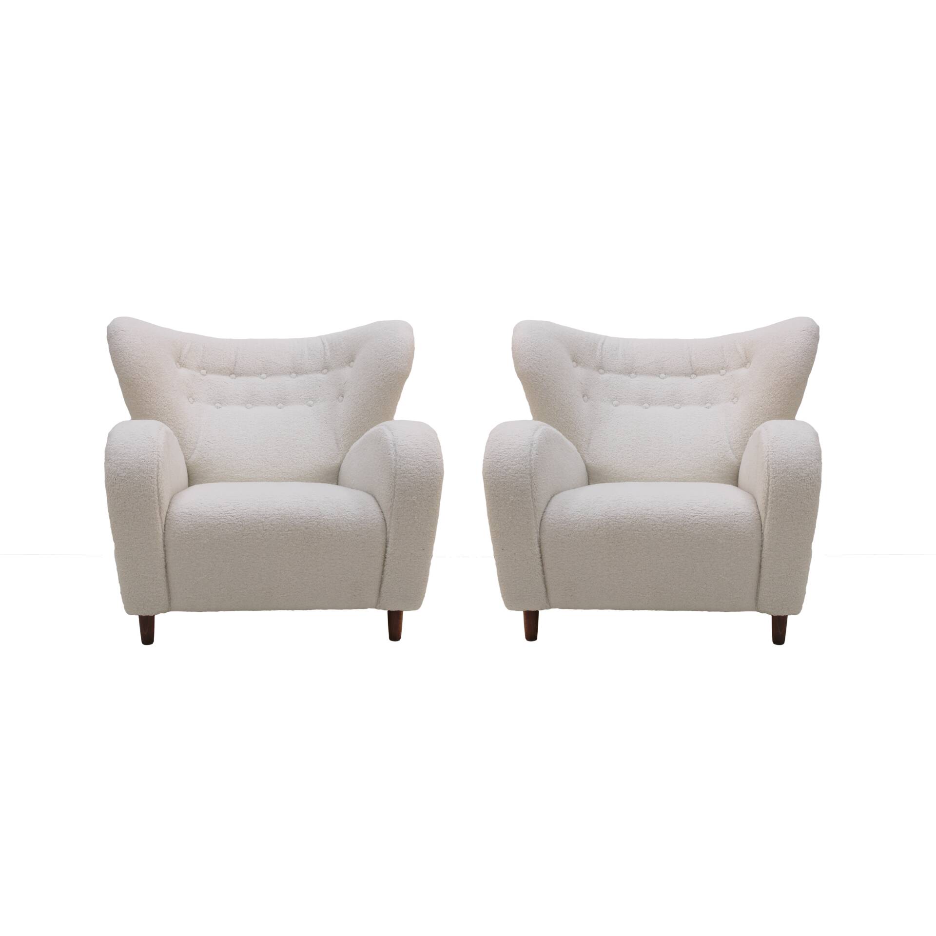Late 20th Century White Wool and Solid Wood Pair of Armchairs, Norway