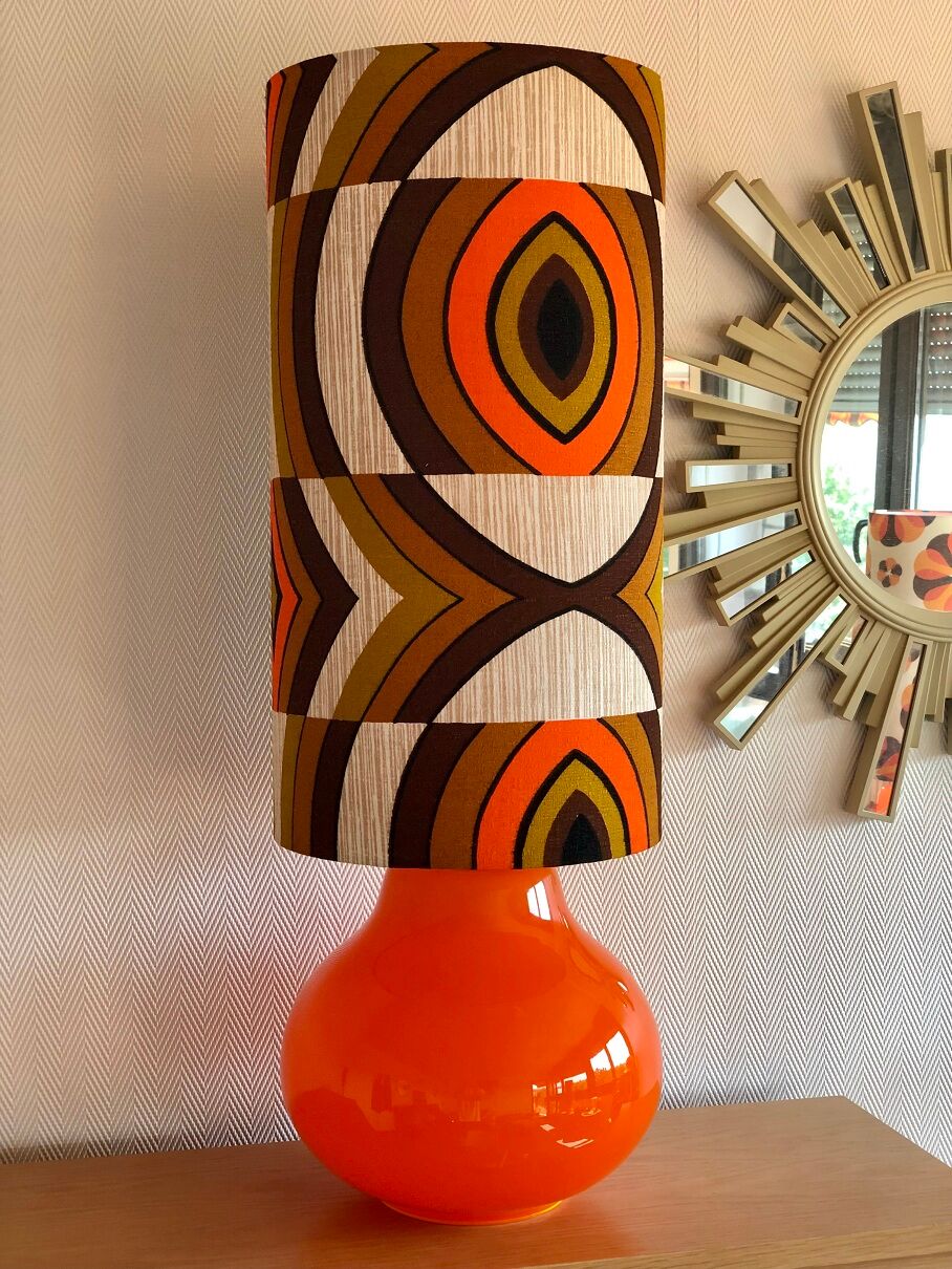 Orange opaline table lamp and vintage fabric