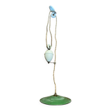 Industrial pendant light, mounted and lowered, green metal + vintage porcelain