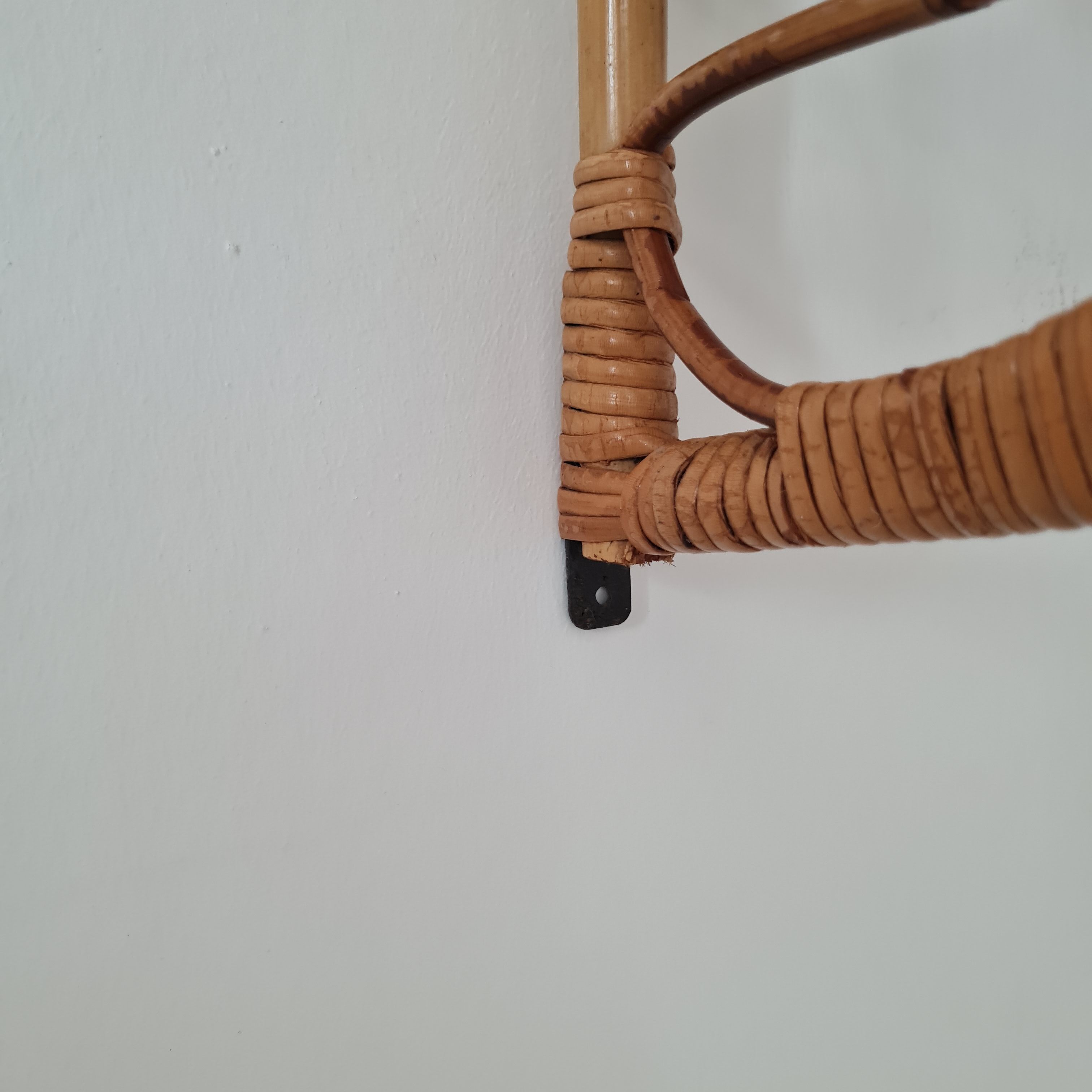 Wall shelf double modular rattan & vintage wood 50s