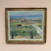 Original Swedish Oil on Canvas – "Coastal Scene with Horses" by Georg Lodström – Signed – 1947 – Framed – 77 × 66 cm