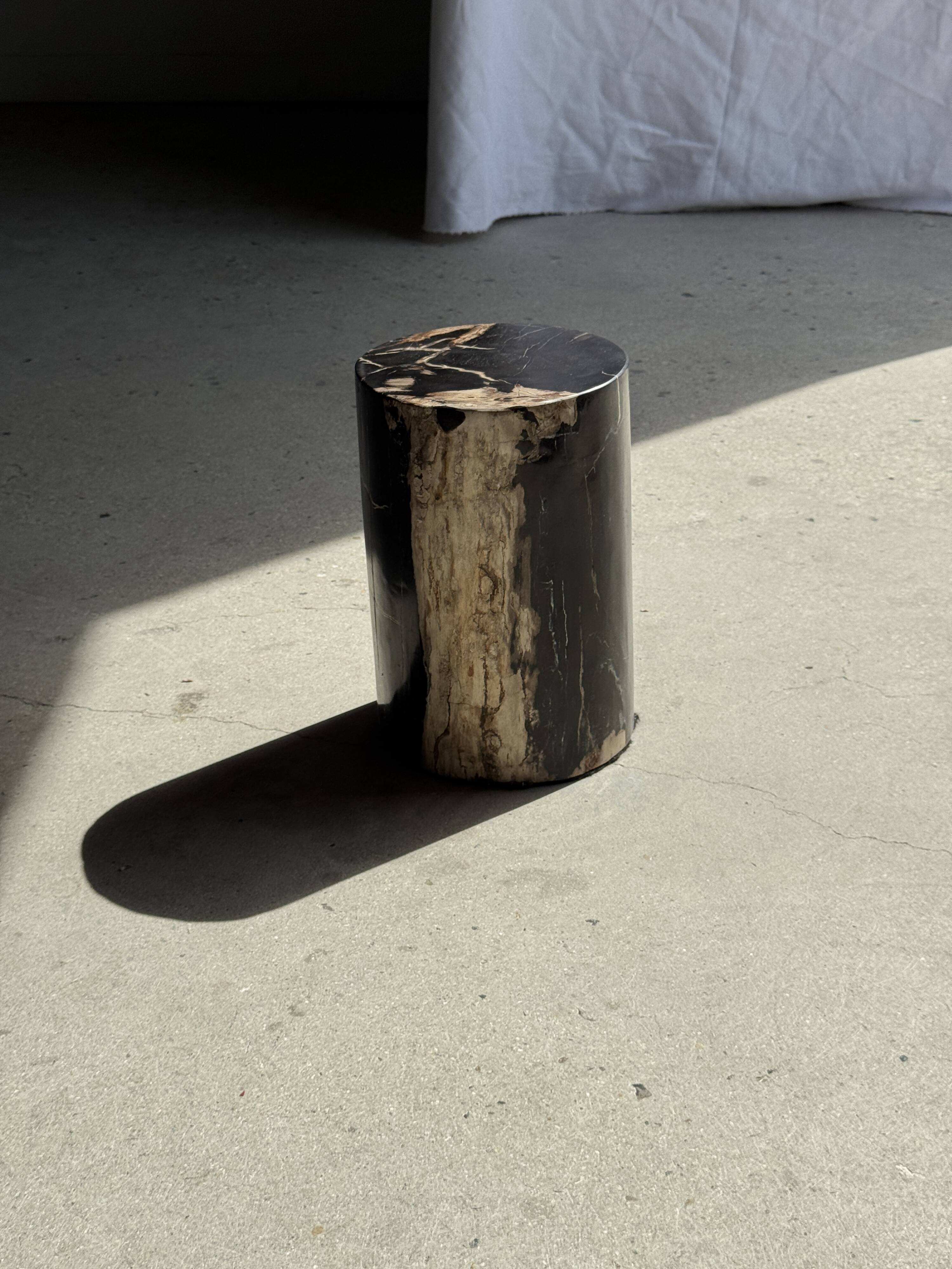 Small side table in black petrified wood with stripes and beige sides H28 D18.