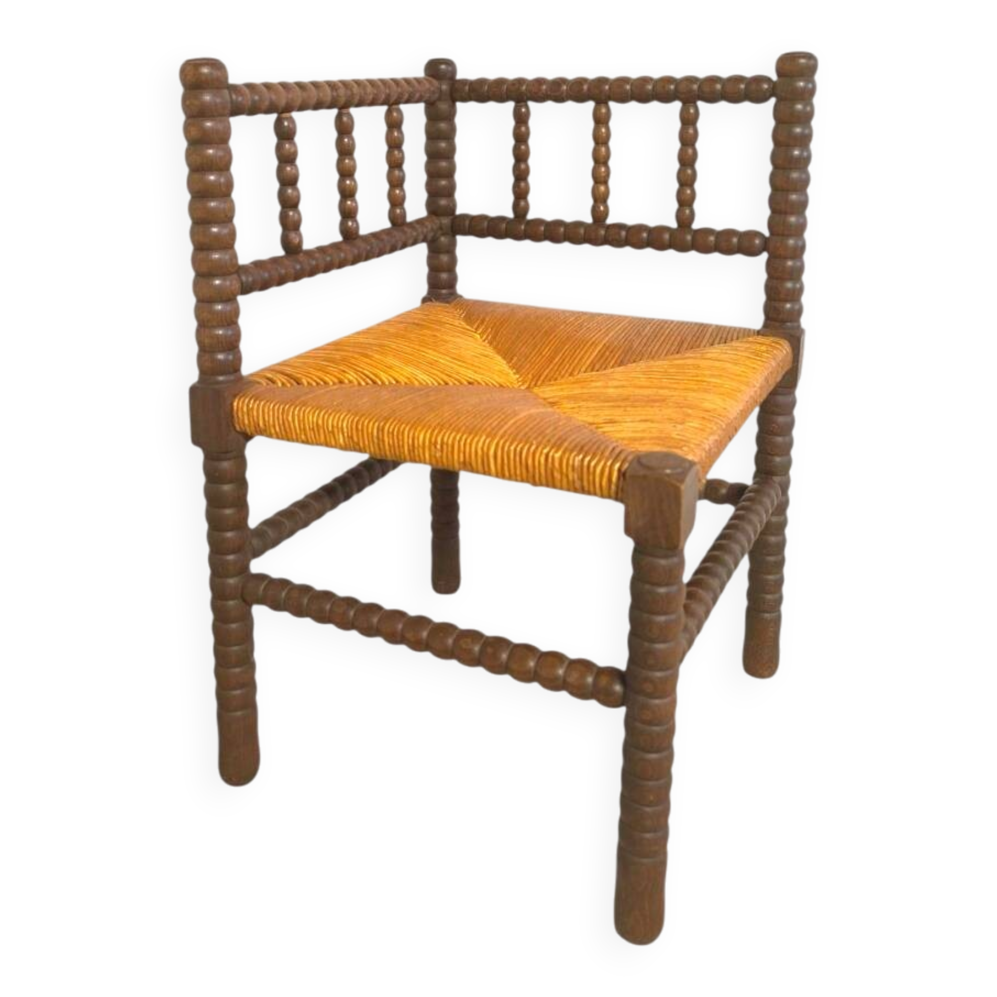Chaise d'angle paillée et bois tourné