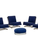 Pair of armchairs and pouf in chrome steel. 1970s, Valérian Rybar.