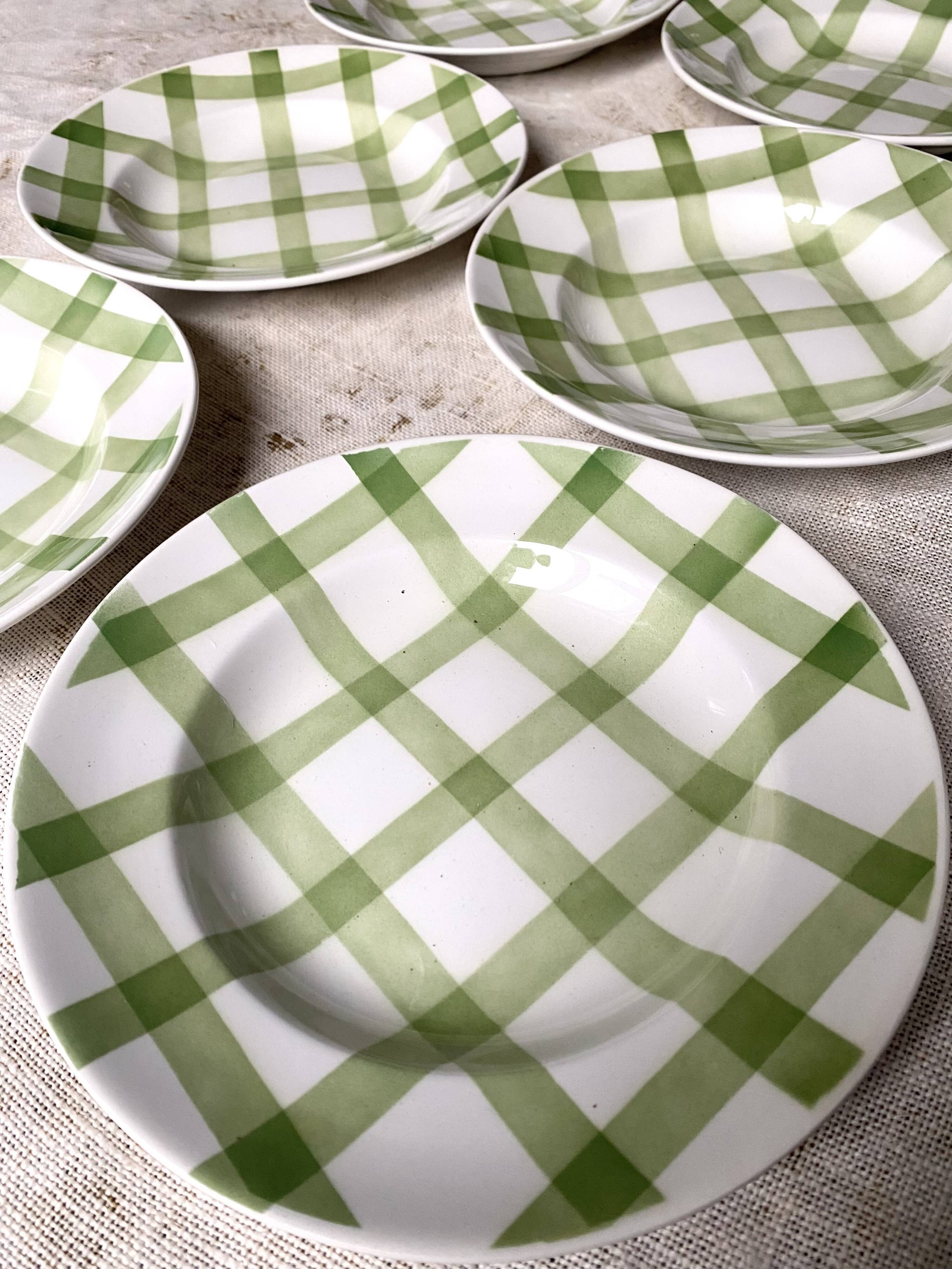 Moulins des loups soup plates, green grid