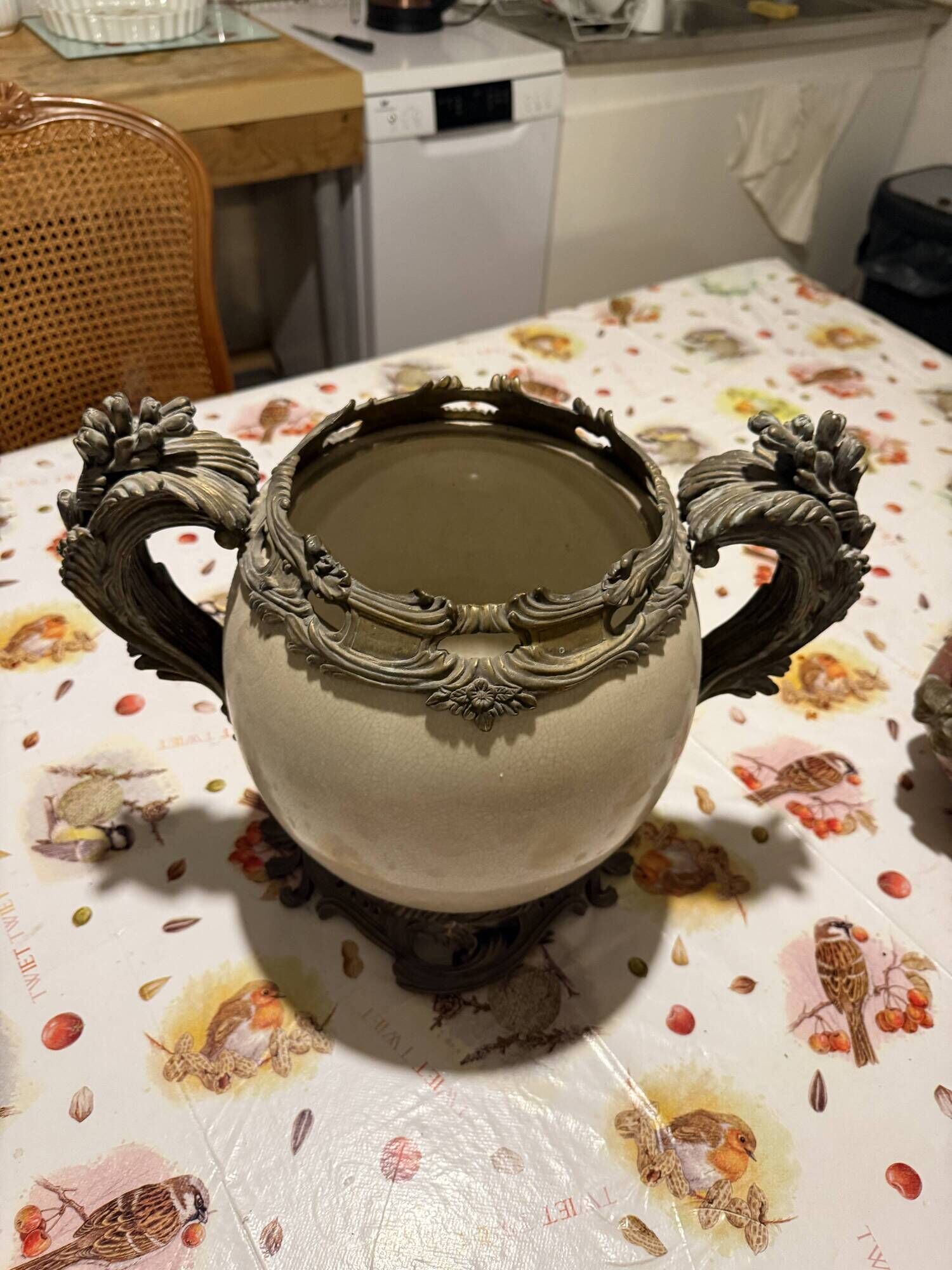 Cracked porcelain ball jardinière mounted in bronze