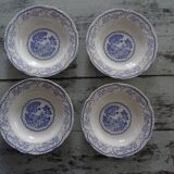 4 Hollow plates faience old Digoin Sarreguemines flowers and countryside blue décor Bernadette