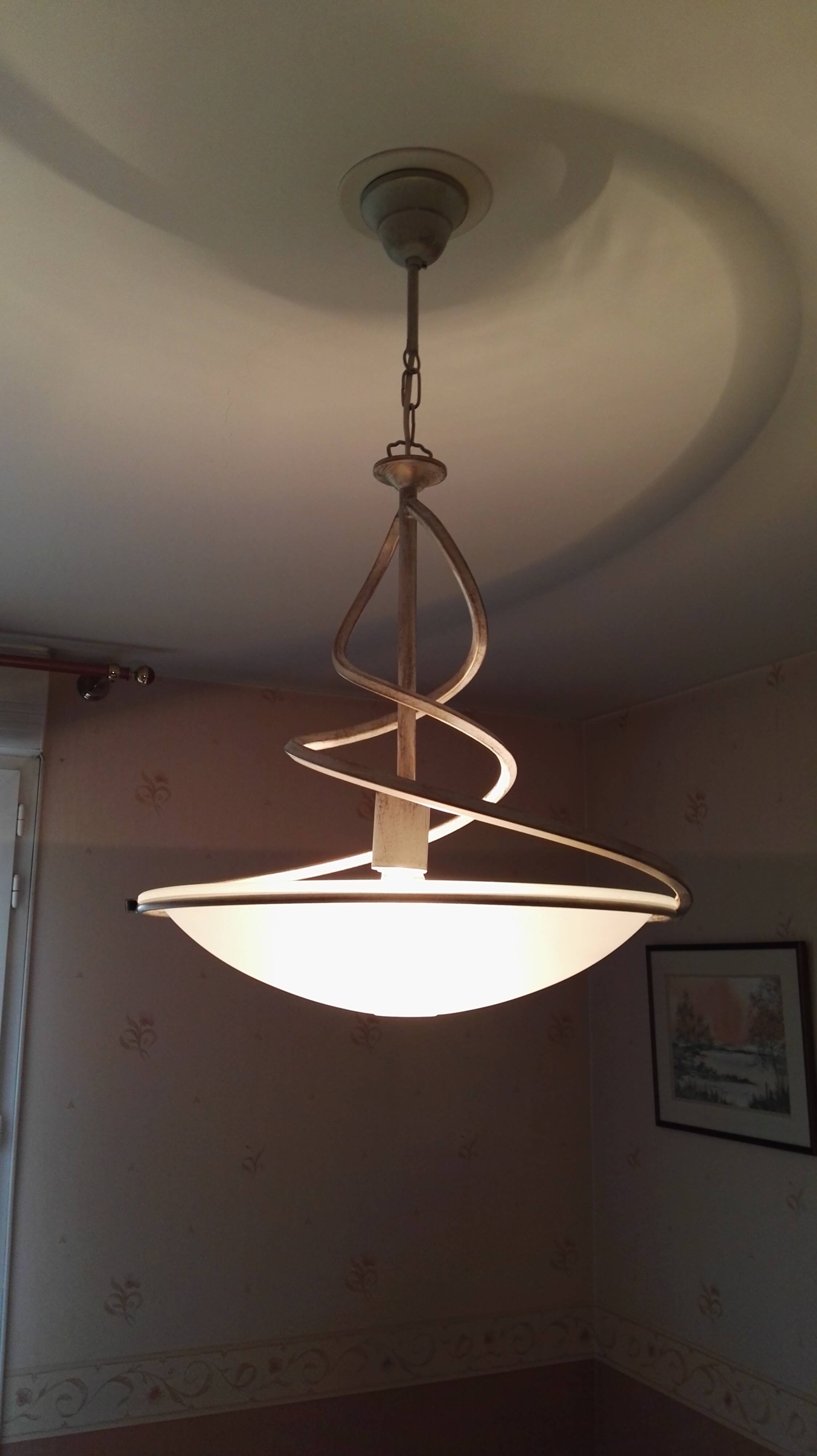 Art Deco style pendant lamp in aged white iron and opal glass