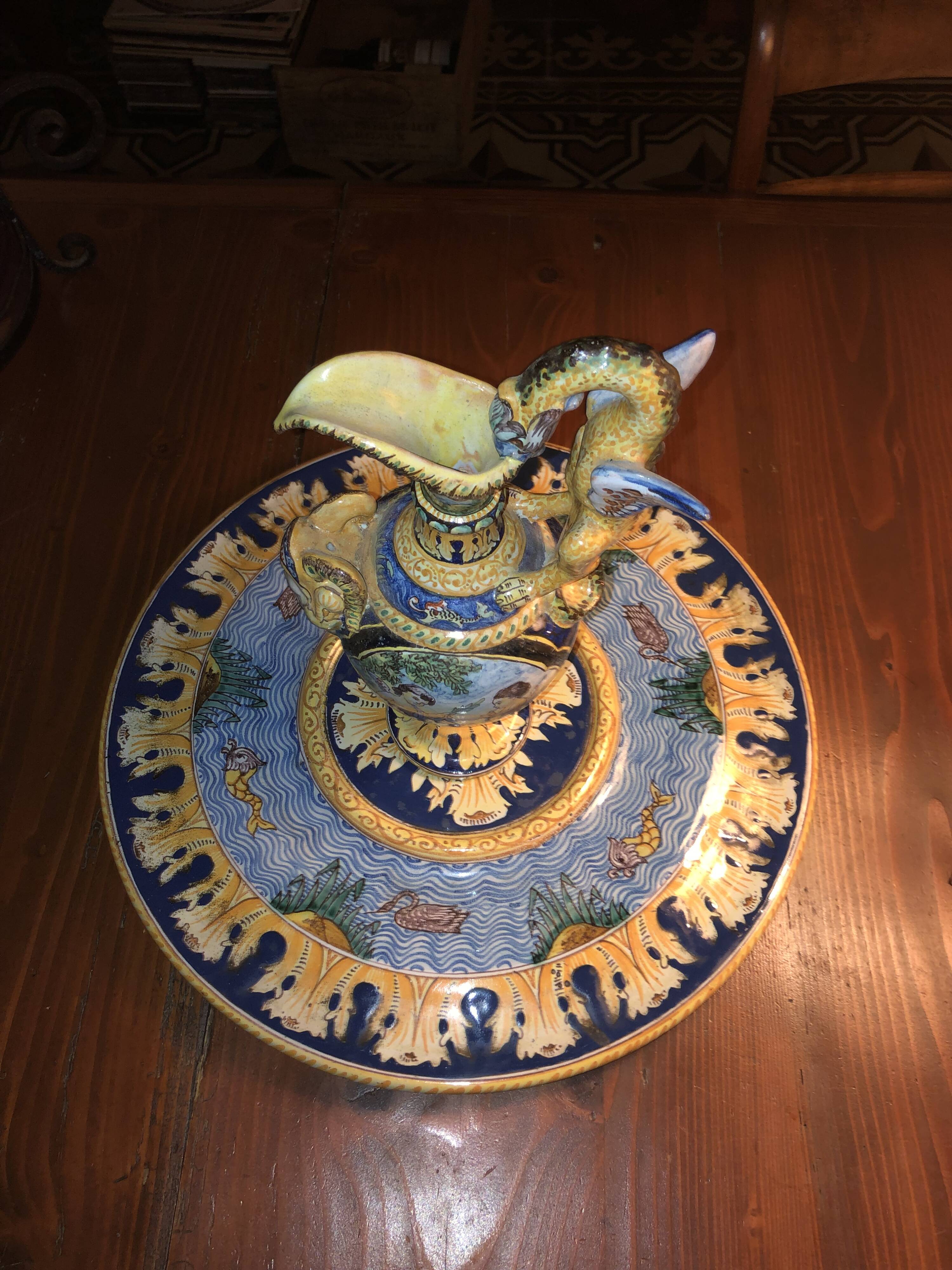 Ewer on base in Nevers earthenware Aintoine Montagnon max diameter 40 cm height 28cm