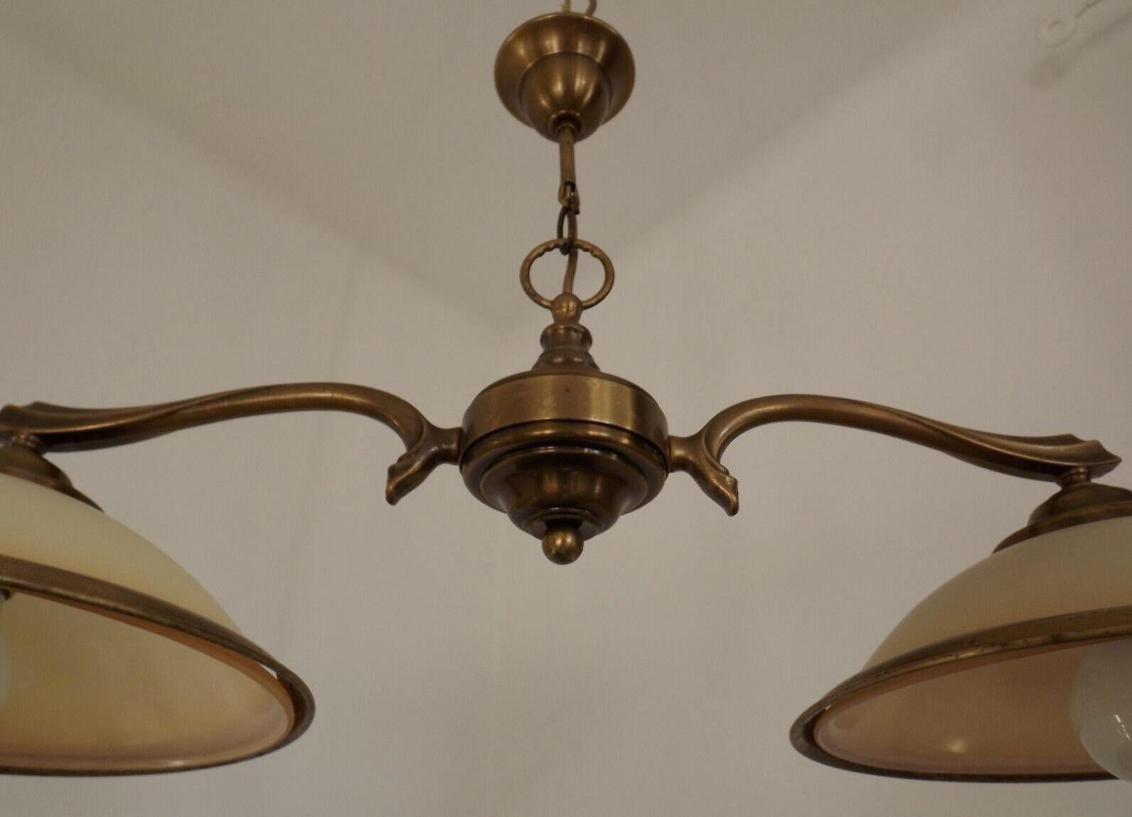 French Mid Century Bronze Billiard Light 2 Cream Amber Round Glass Shades 3921