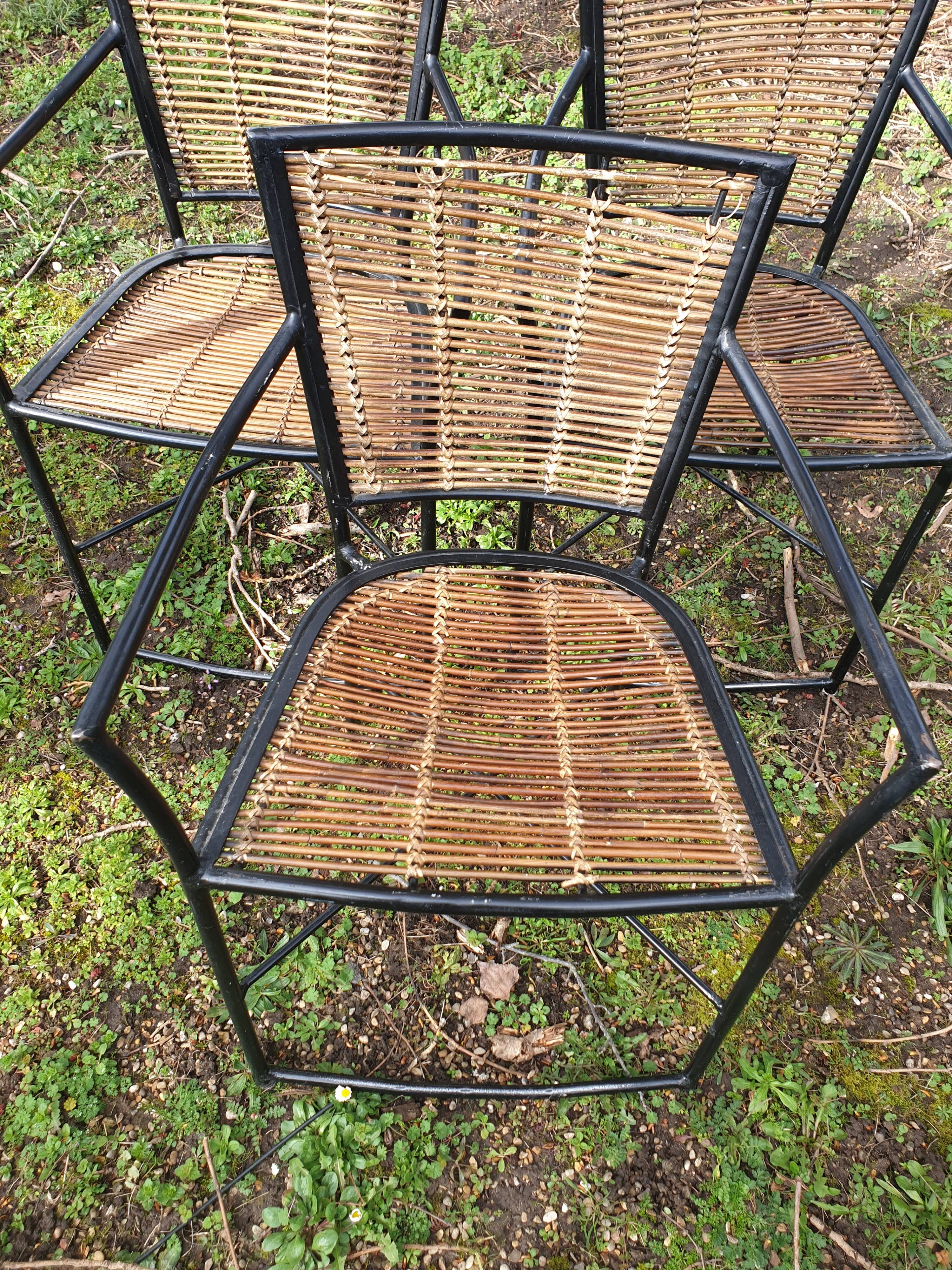 3 welded metal and rattan armchairs