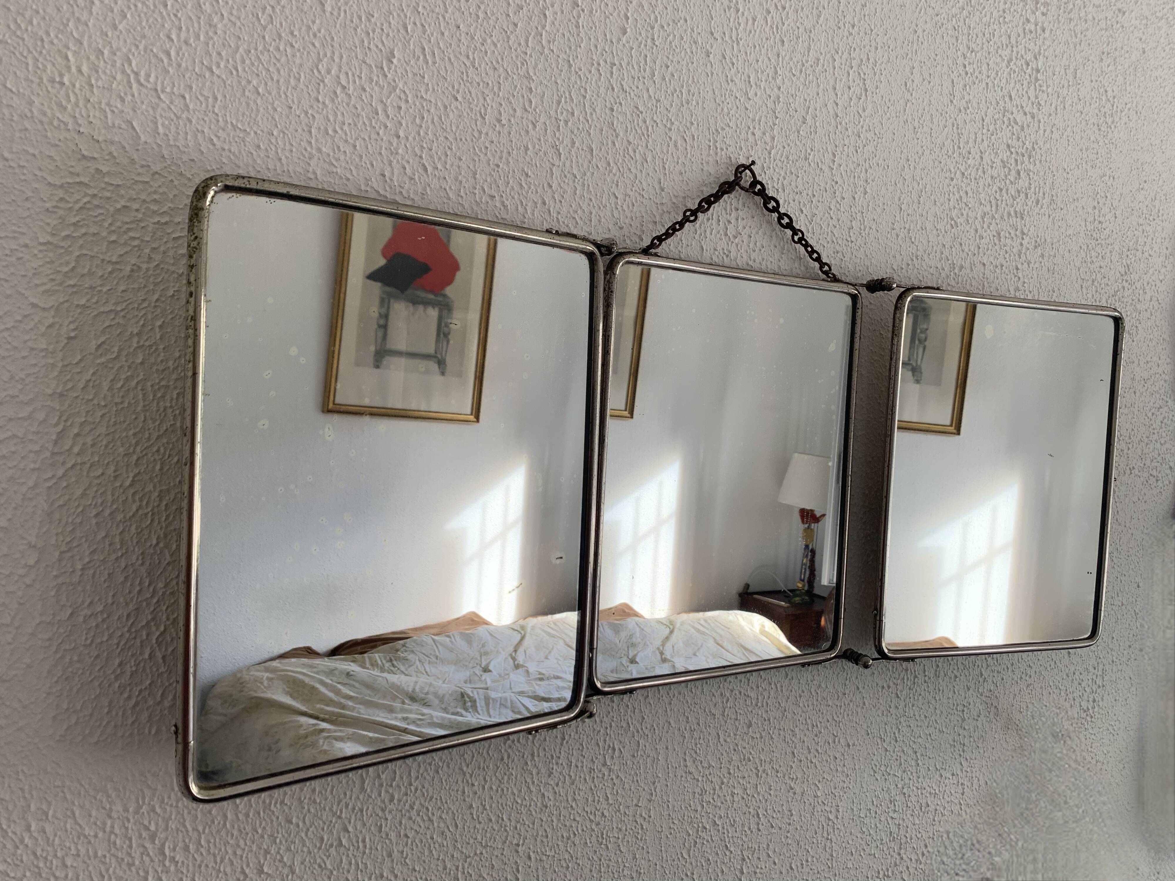 Vintage 1900 barber's triptych mirror Le Solide Paris Art Nouveau - 30 x 77