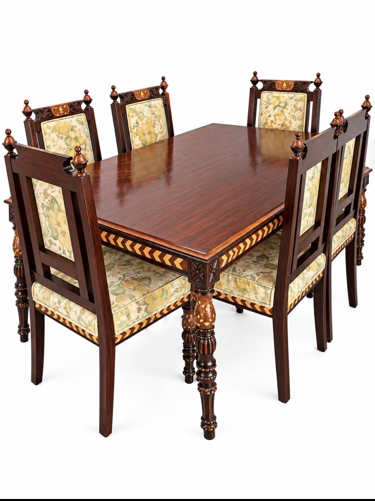 Dining table and 6 carved wooden chairs - Classic style - Chiniot, Pa