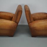 Paire de fauteuils club vintage en cuir cognac français, lot de 2