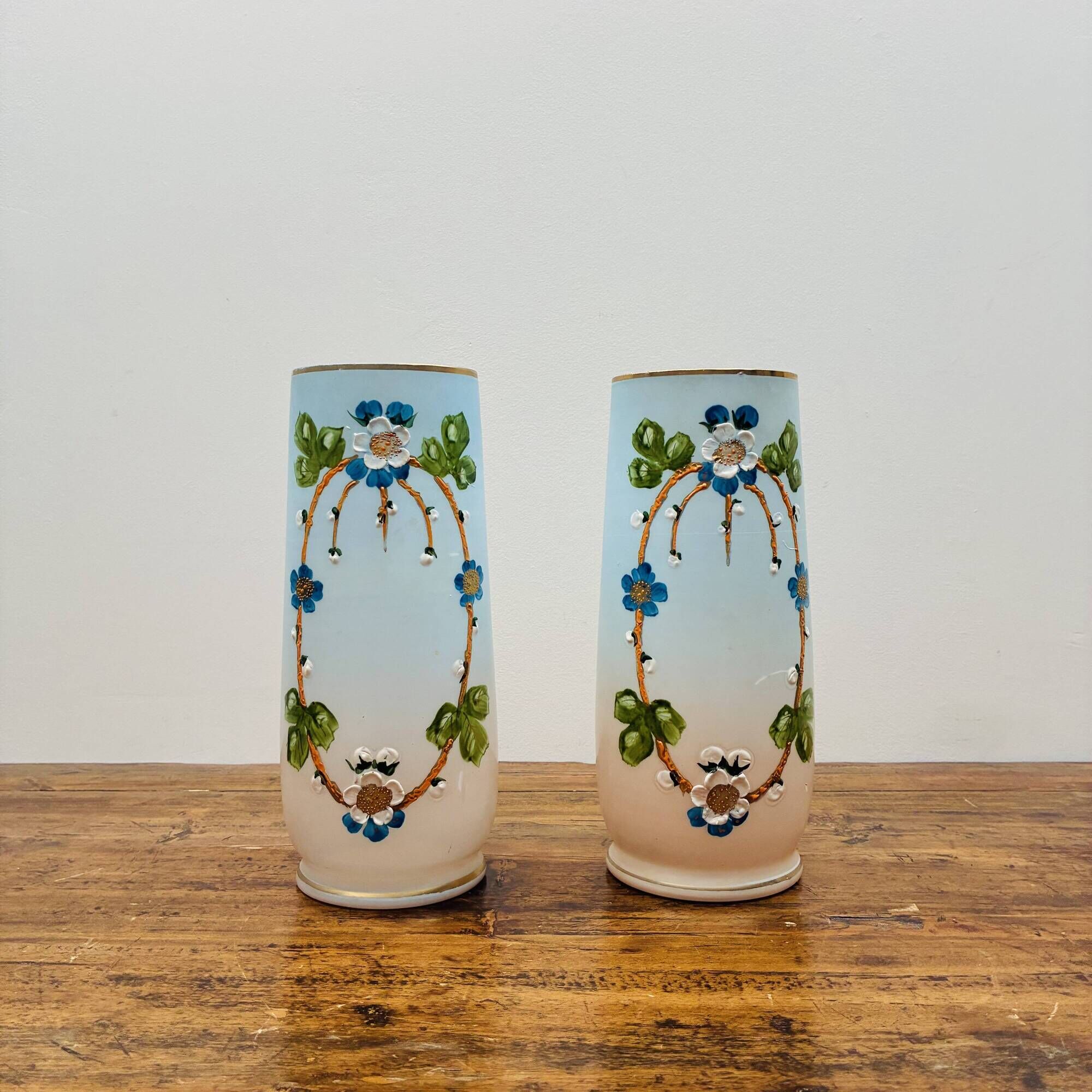 Rare pair of antique hand-painted opaline glass vases – Napoleon 3