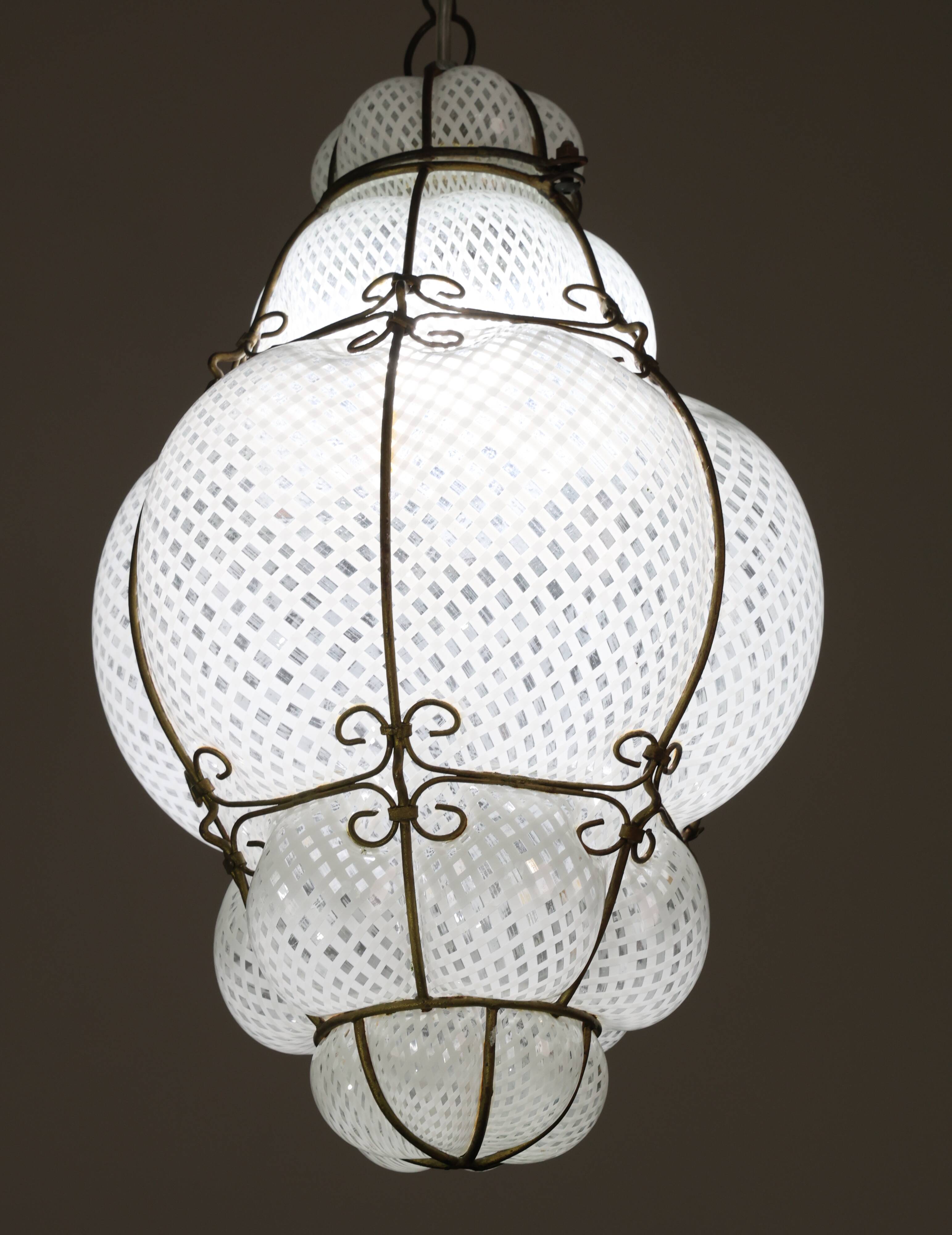 Amazing Large Venetian Lantern in Murano Reticello Glass, 1940s