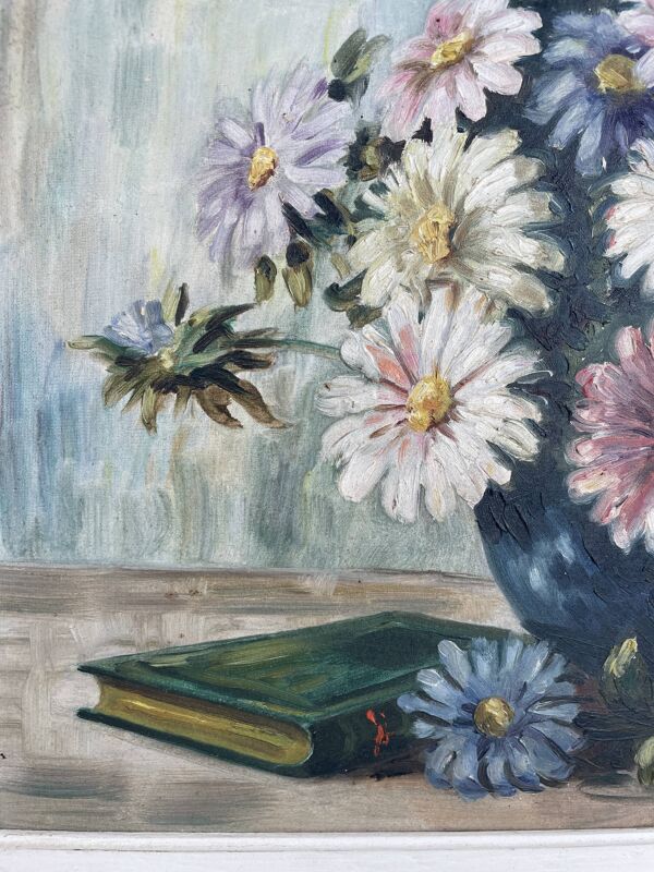 Vintage, peinture à l'huile, nature morte au bouquet de fleurs, livre, XXème siècle, signé
