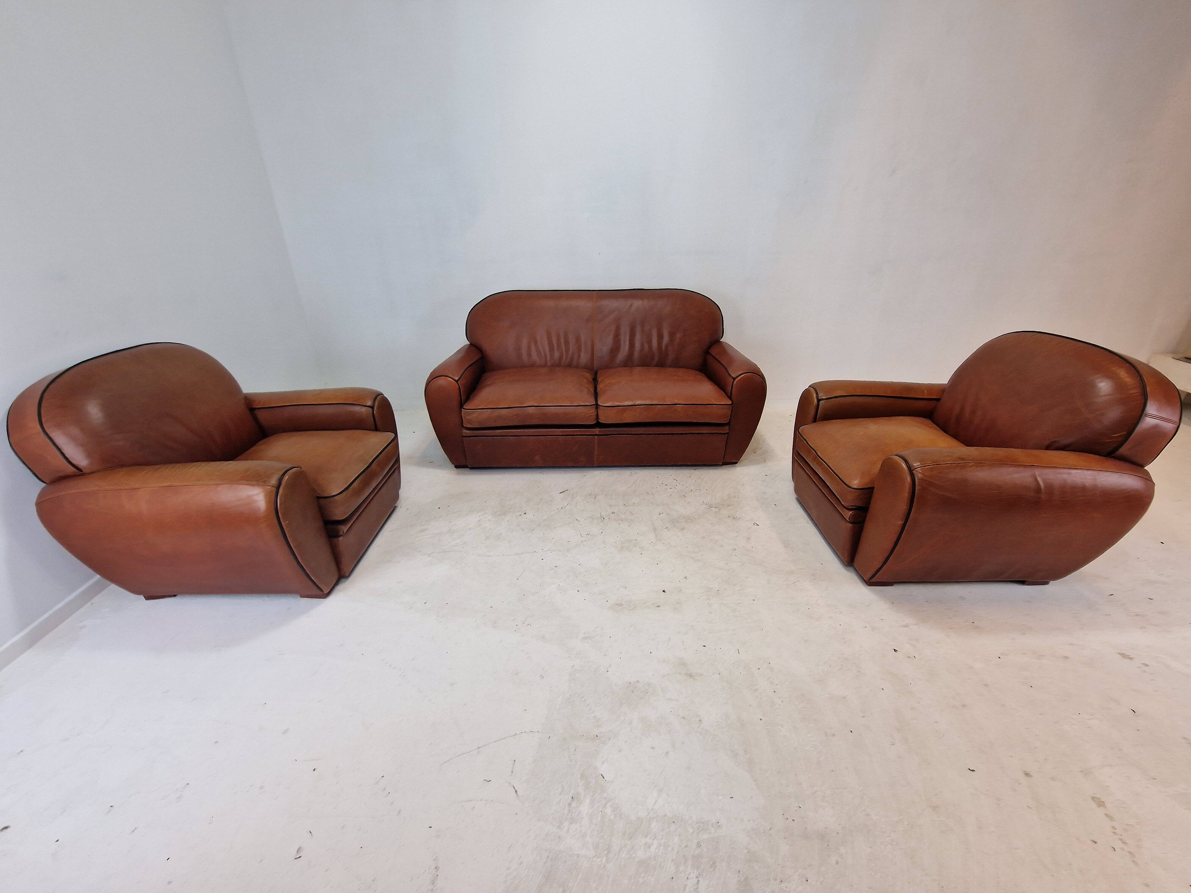 Set of 2 Club Chairs and 1 Sofa in Saddle Leather by Jan Frantzen, Netherlands