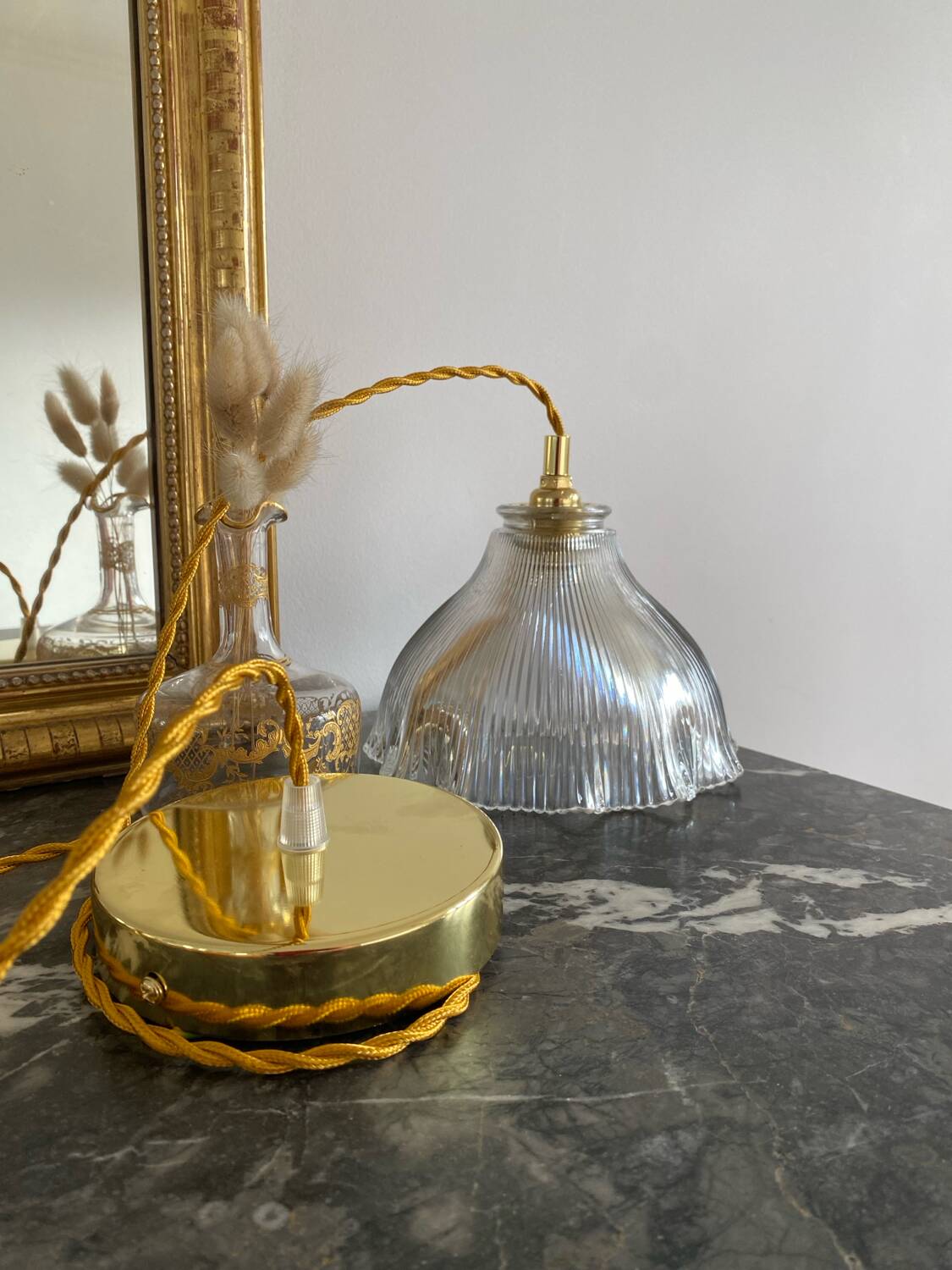 Vintage glass holophane pendant light