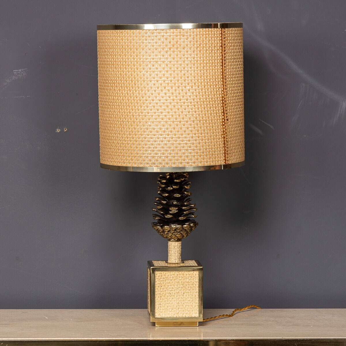 A vintage 20thc italian bergere lamp with pine cone detailing c.1970