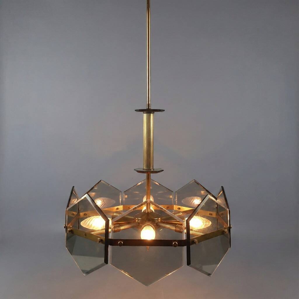 Lustre design Gino Paroldo Fontana Arte brass smoked glass modernist 1960