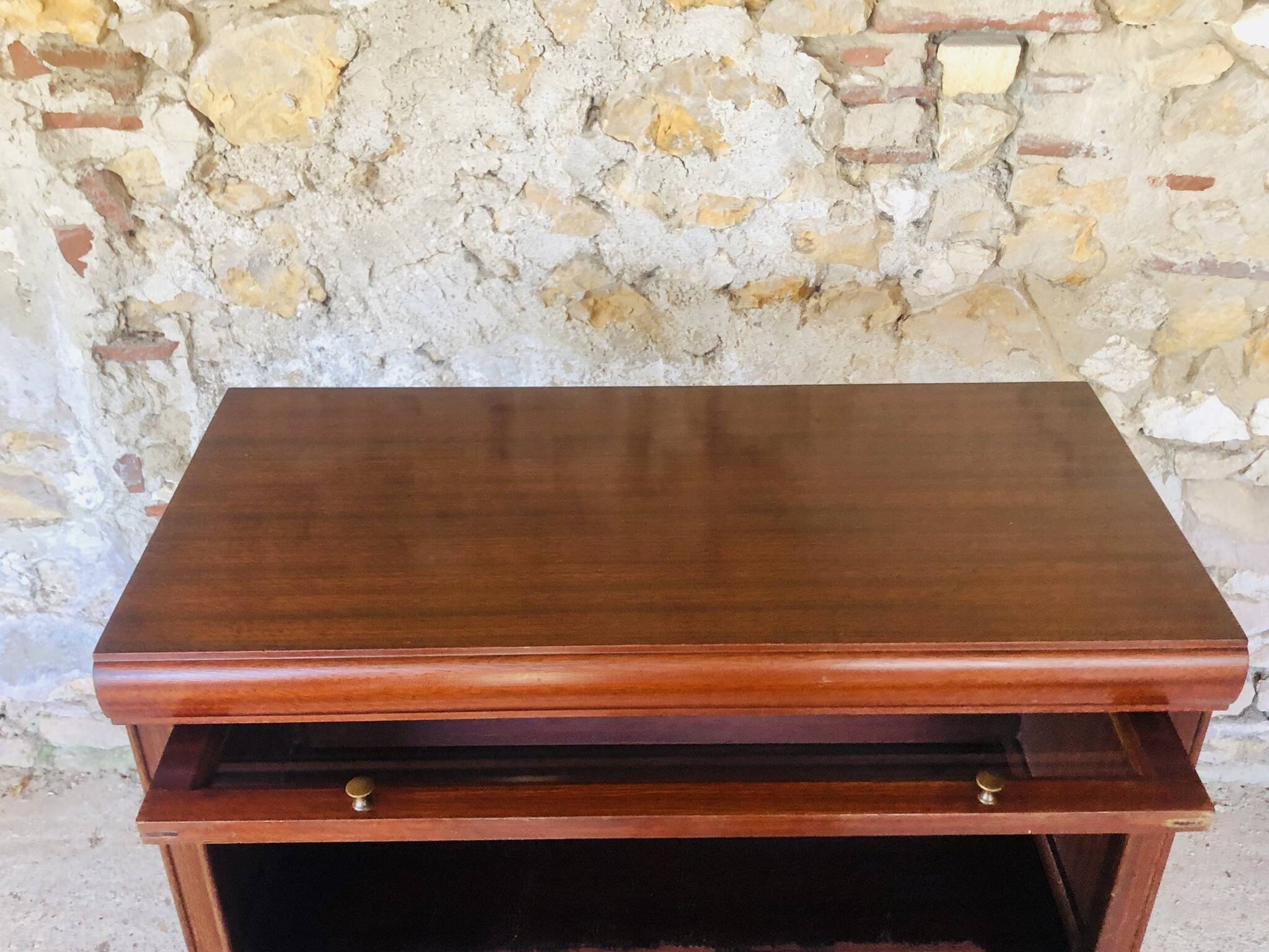 Vintage mahogany avocado bookcase with overhead glass doors circa 40's/50's
