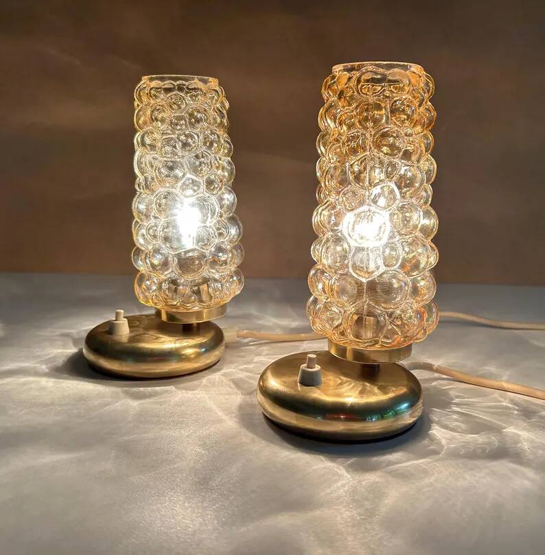 Pair Vintage  Lamps, Bedside, Bubble Glass