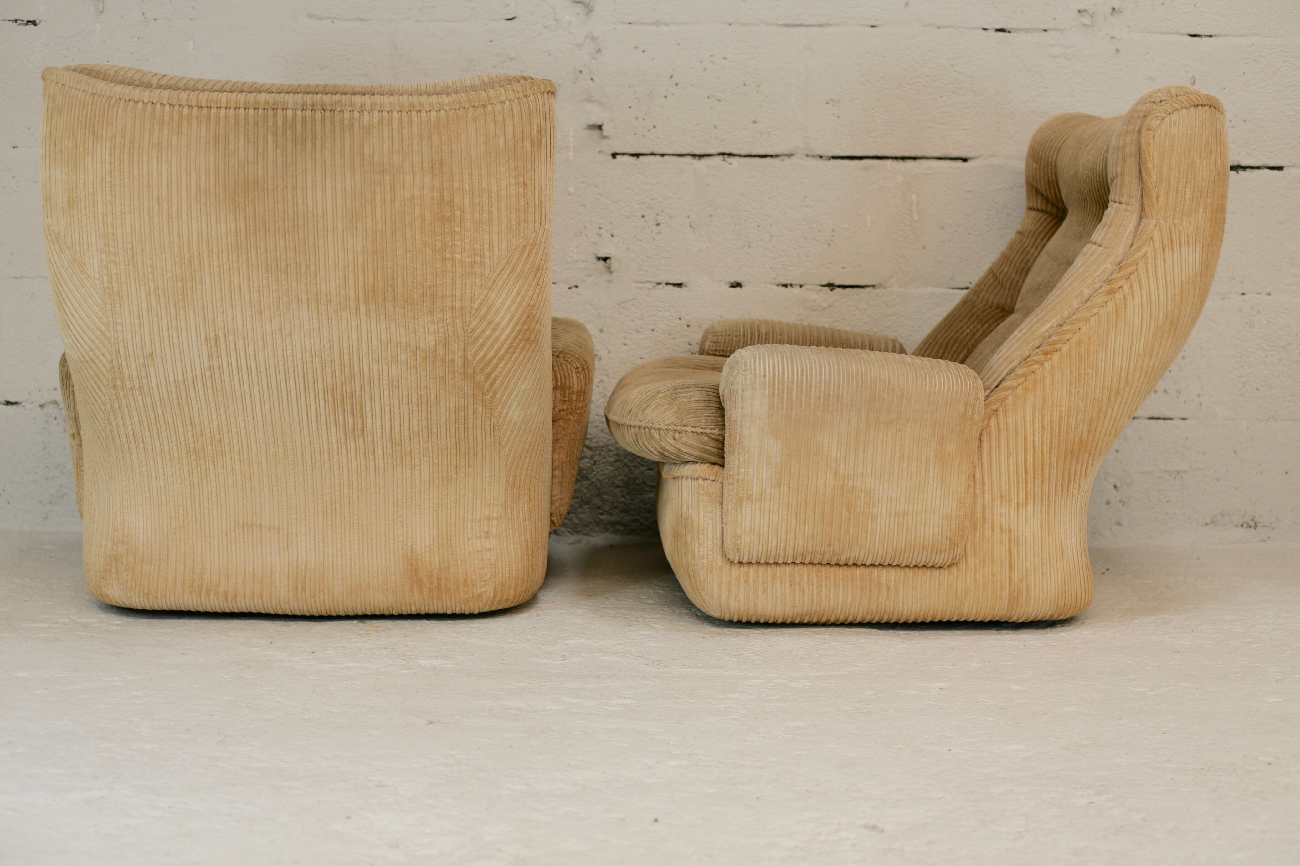 Pair of armchairs by michel cadestin, airborne edition, fiberglass and beige velvet, circa 1970