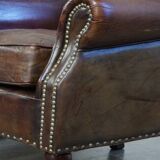 Set of 2 Cognac Brown Grained Cowhide Leather Chesterfield Armchairs