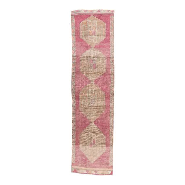 Vintage pink geometric Turkish hand-knotted runner 92x356