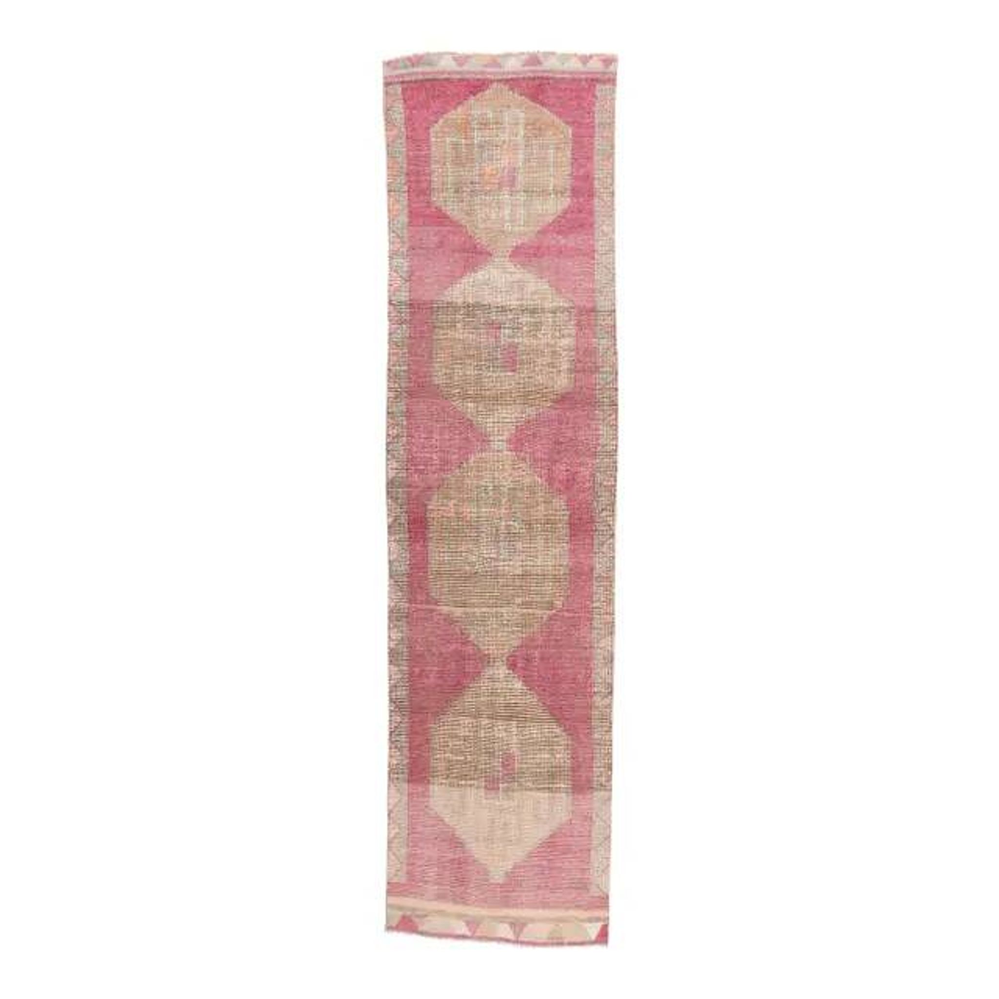 Vintage pink geometric Turkish hand-knotted runner 92x356