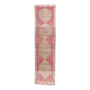 Vintage pink geometric Turkish hand-knotted runner 92x356