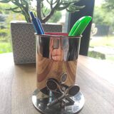 Vintage silver metal pencil holder decorated with tennis rackets