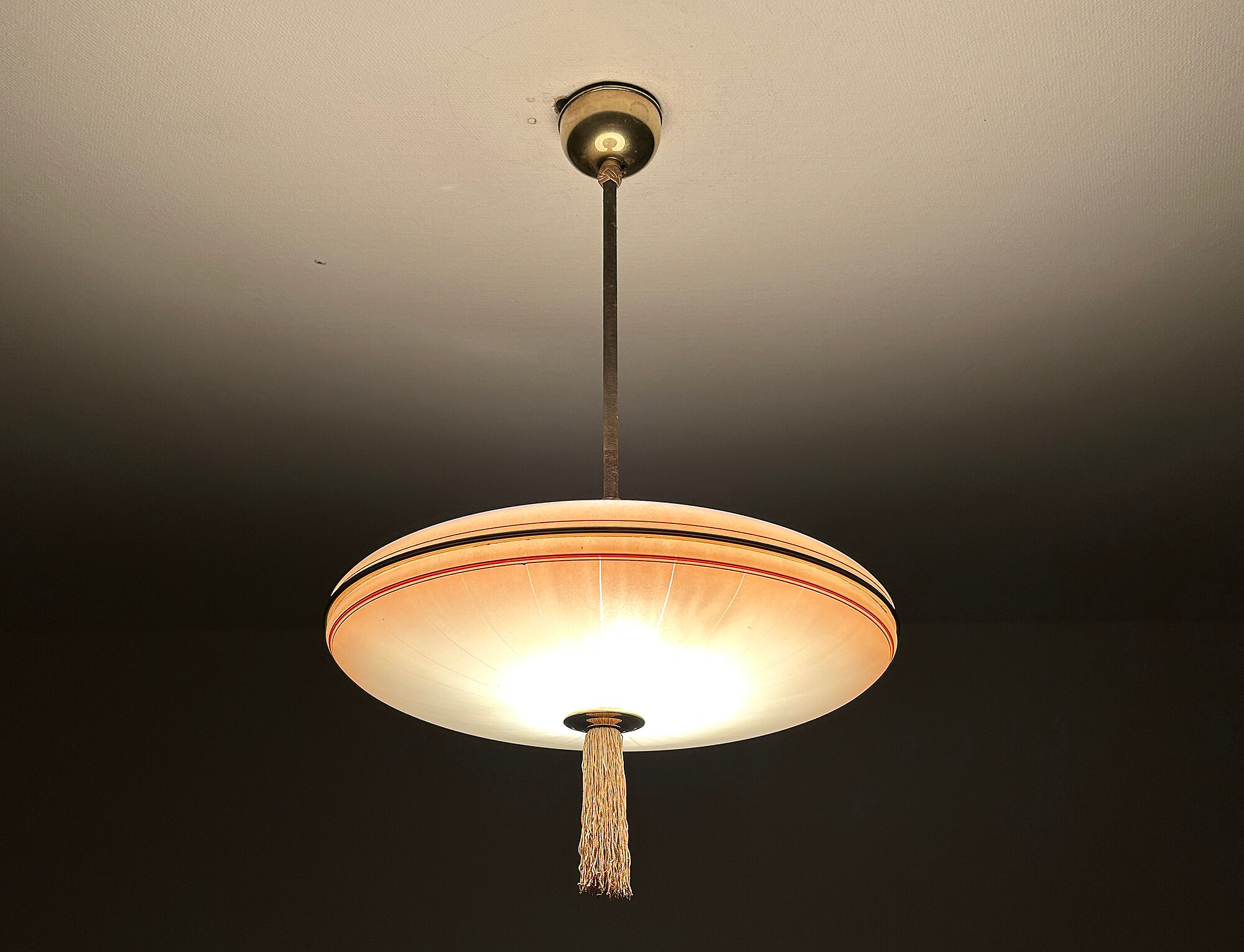 Vintage art deco pendant lamp, gradient glass, red beige, brass, 30 years