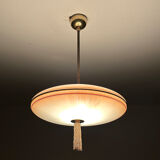 Vintage art deco pendant lamp, gradient glass, red beige, brass, 30 years