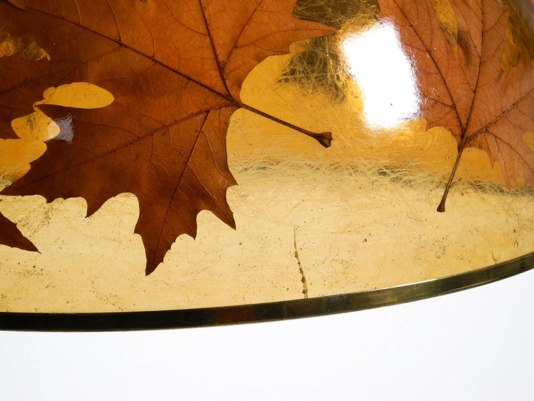 Rare, large 1970s Italian resin pendant lamp with embedded maple leaves