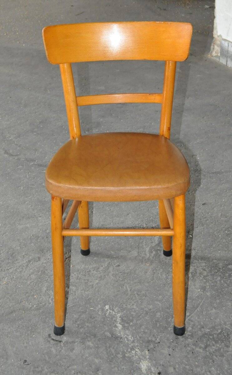 Vintage chair in brown faux leather and light wood, 1960s, padded seat.