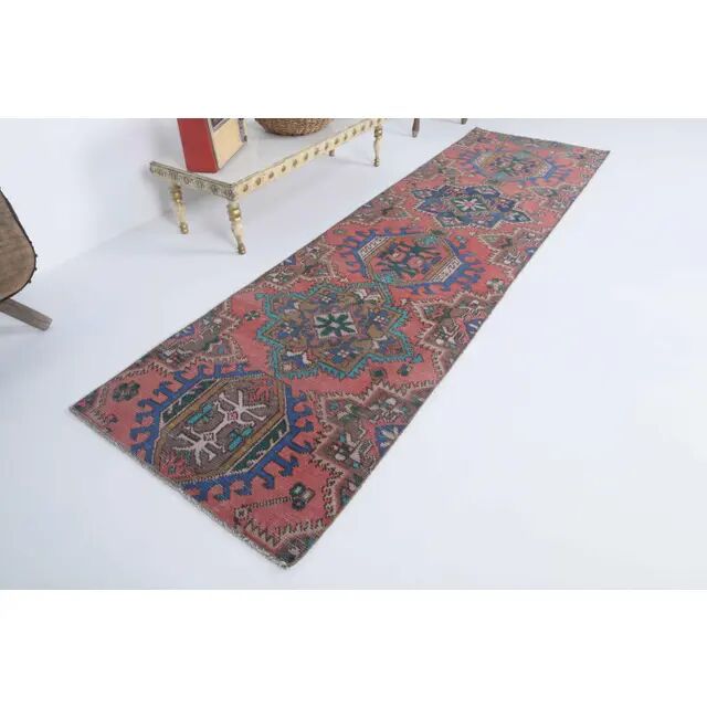 Vintage Turkish Oushak Handmade Cotton Pink Wool Runner 74x260
