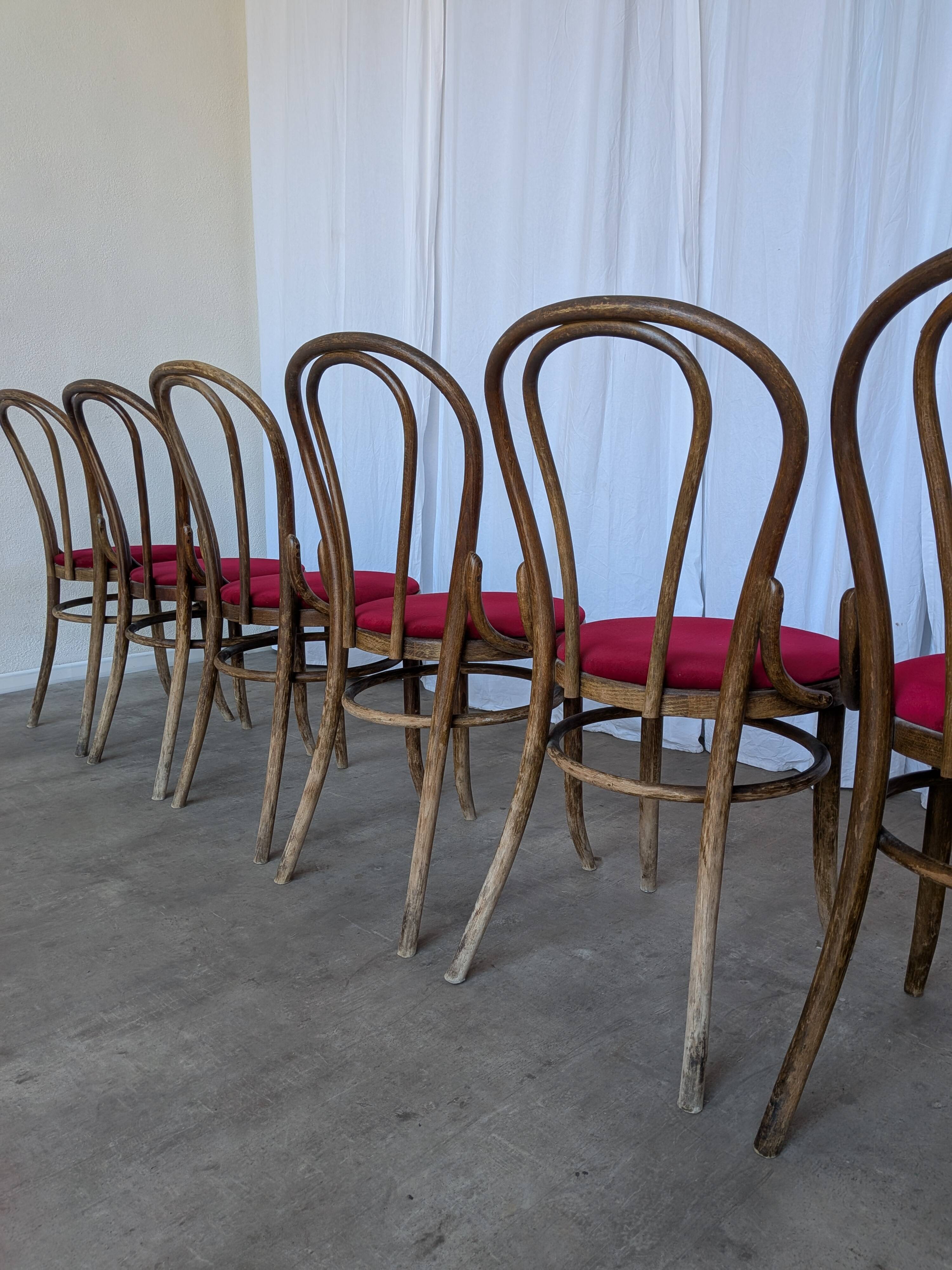 Set of 6 Vintage Bentwood Dining Chairs Set: 1970s , Red Uphols